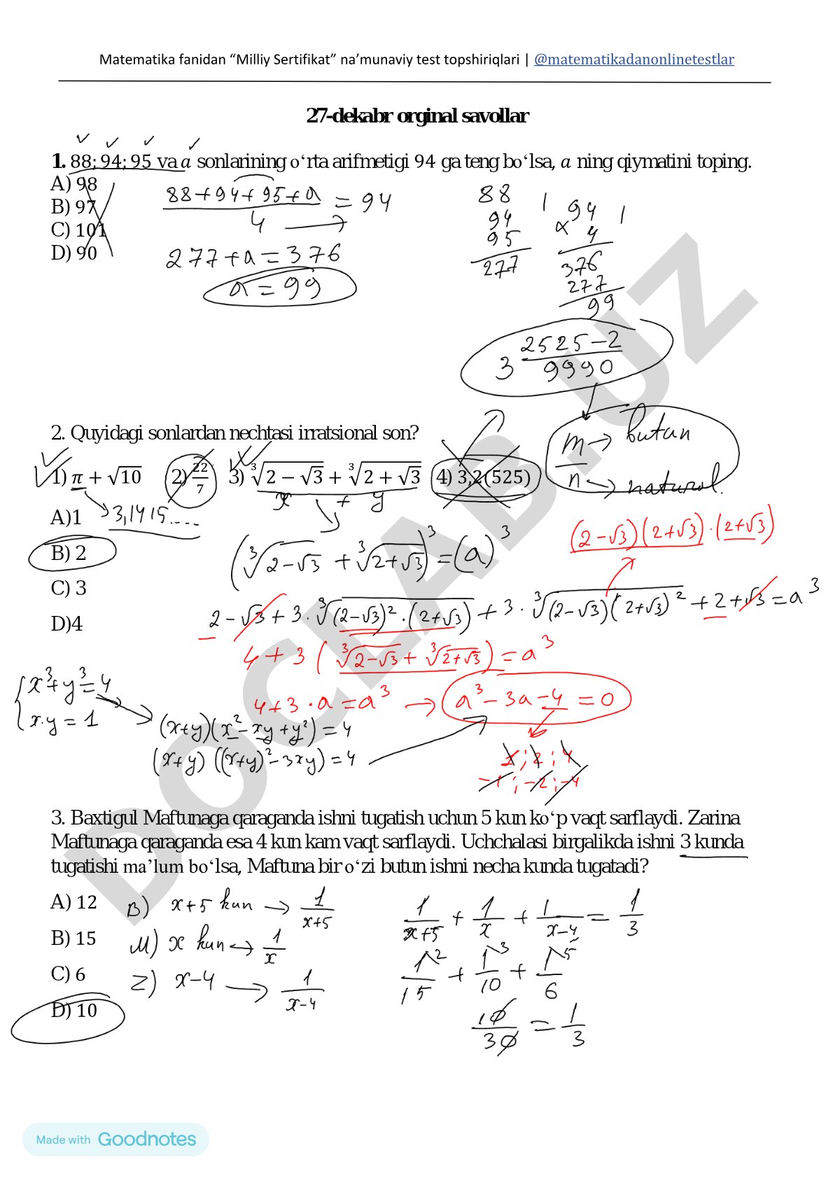 Matematika fanidan Milliy Sertifikat namunaviy test topshiriqlari
