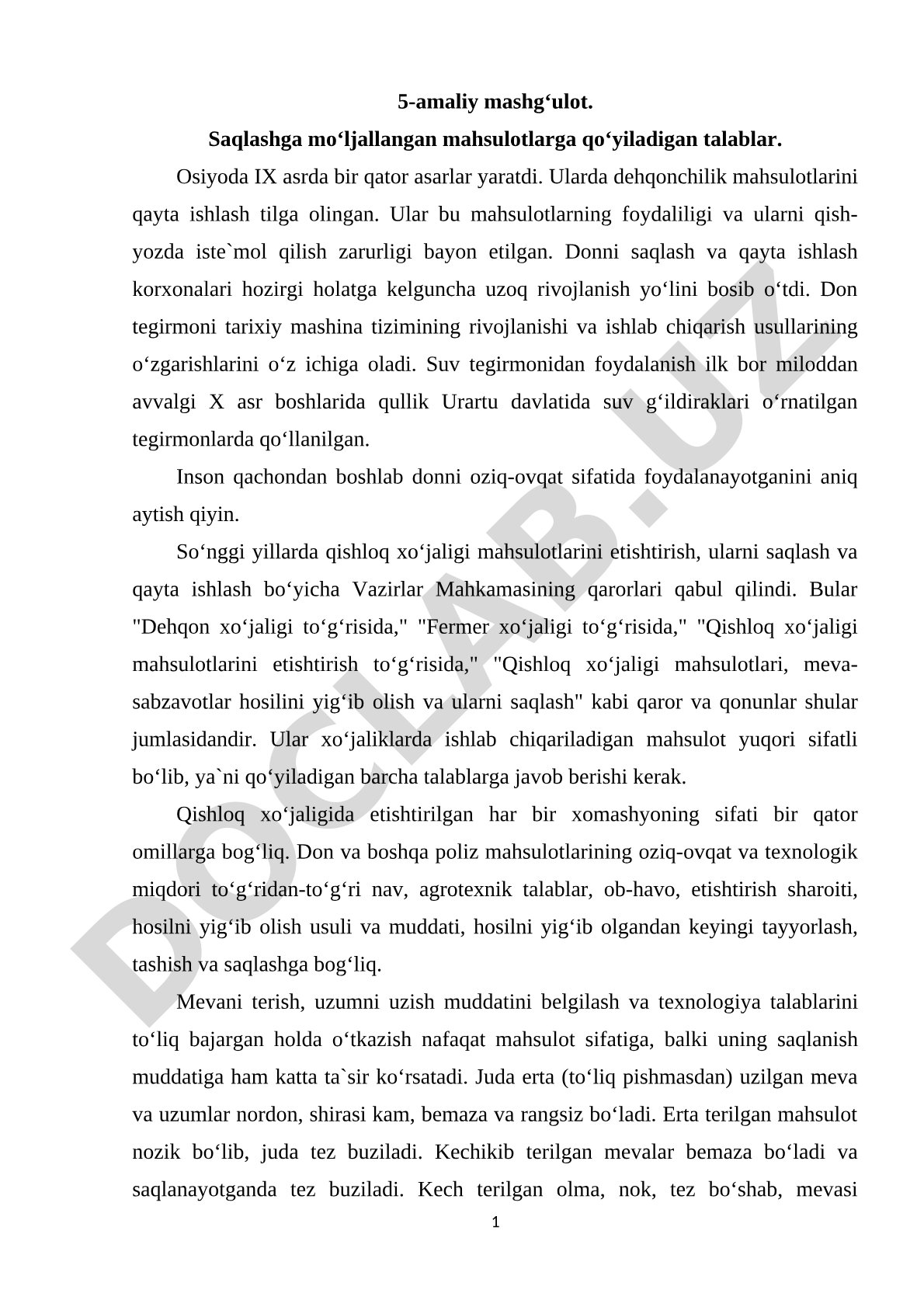 5-amaliy mashg'ulot. Saqlashga mo'ljallangan mahsulotlarga qo'yiladigan talablar