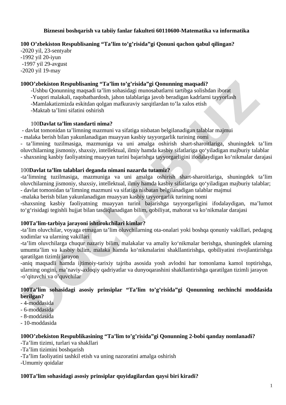 O'zbekiston Respublikasining Ta'lim to'g'risidagi qonuni va davlat ta'lim standarti