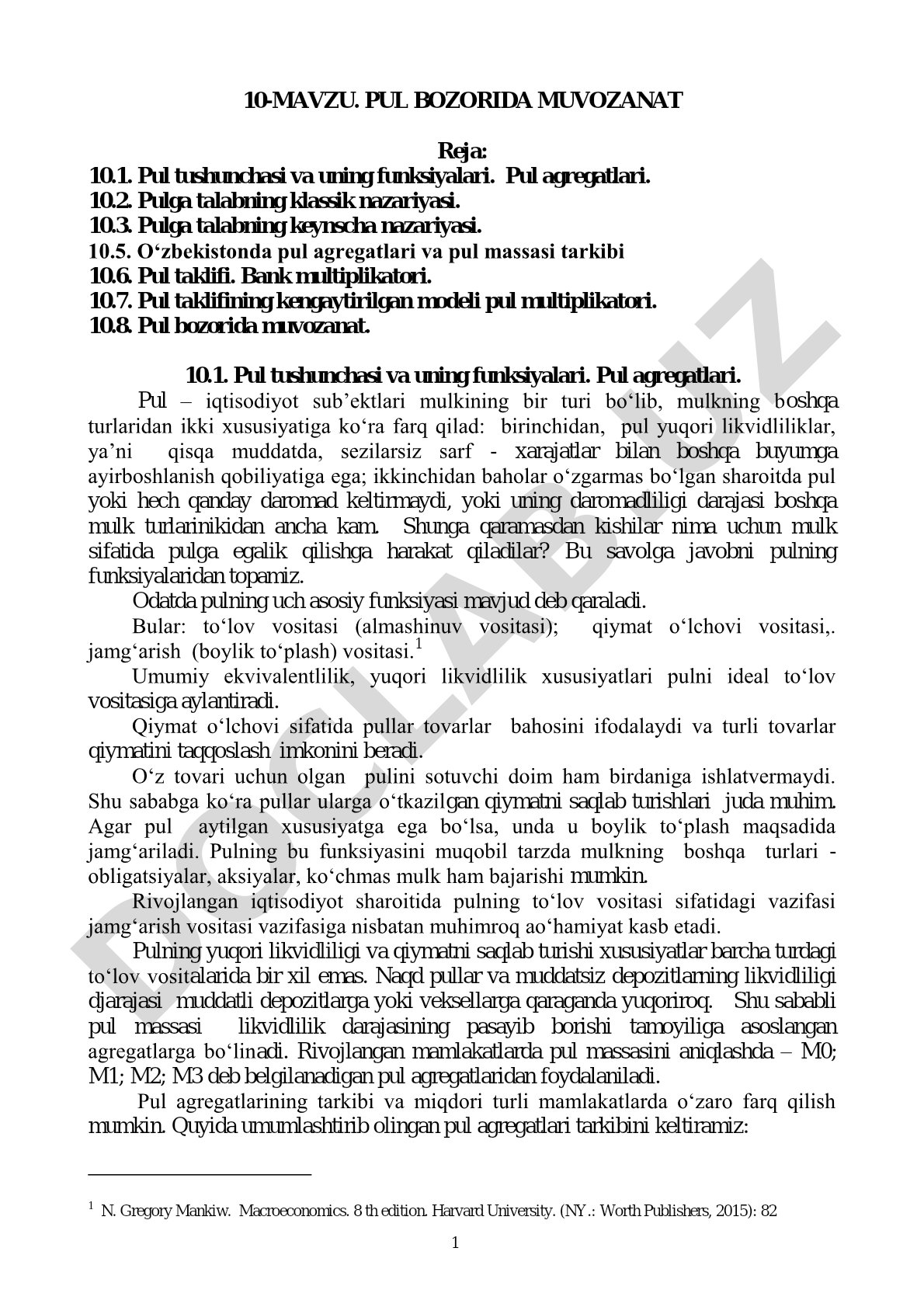 Pul tushunchasi va uning funksiyalari
