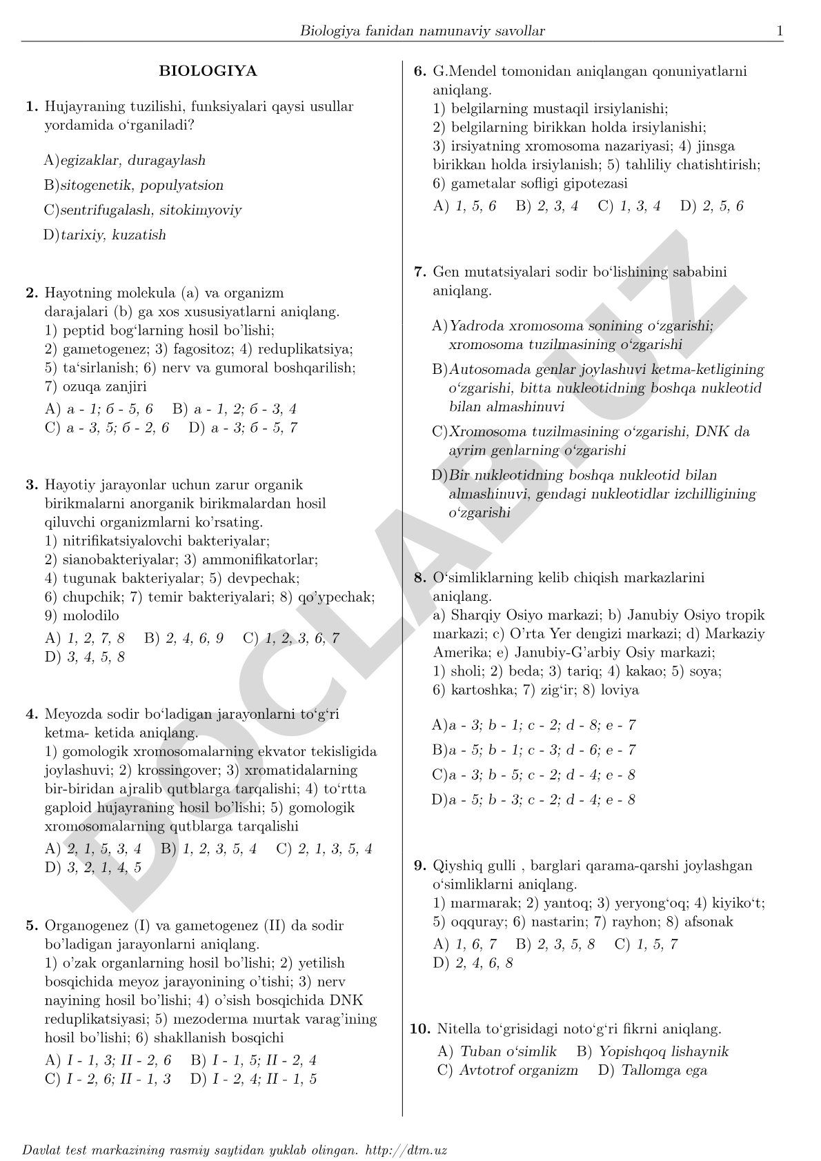 Biologiya fanidan namunaviy savollar