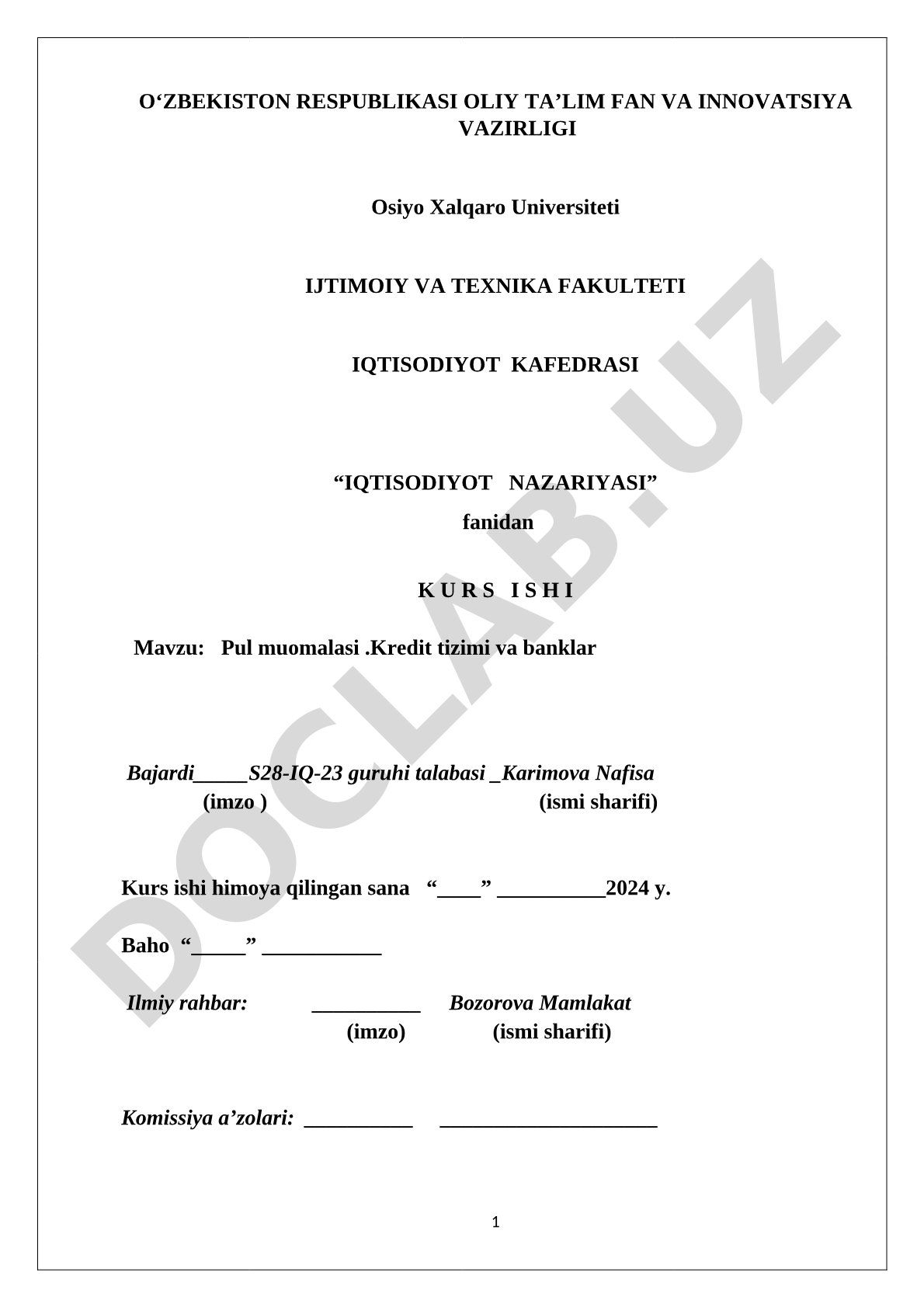 Pul muomalasi .Kredit tizimi va banklar