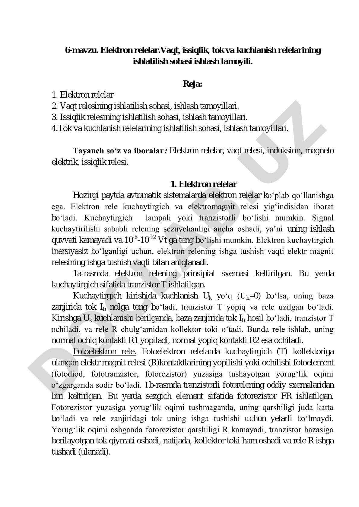 Elektron relelar. Vaqt, issiqlik, tok va kuchlanish relelarining ishlash tamoyili