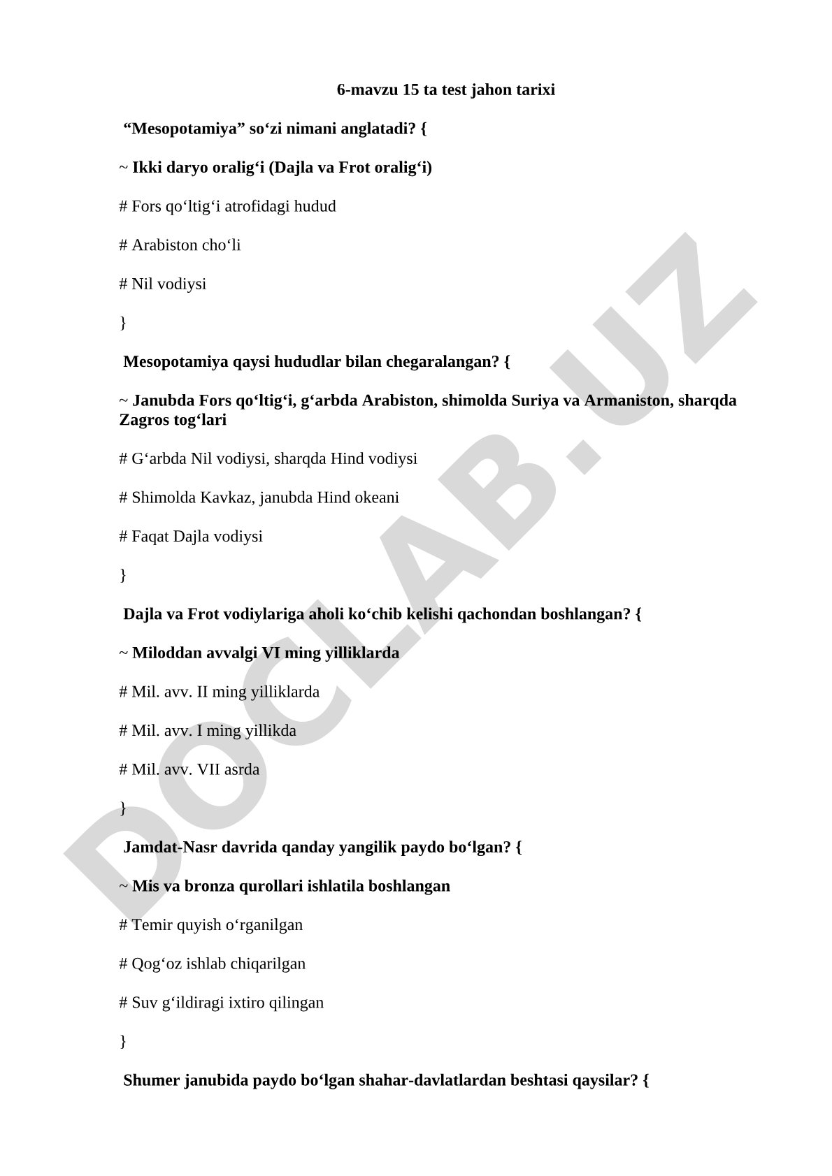 Qadimgi Mesopotamiya tarixi bo'yicha testlar