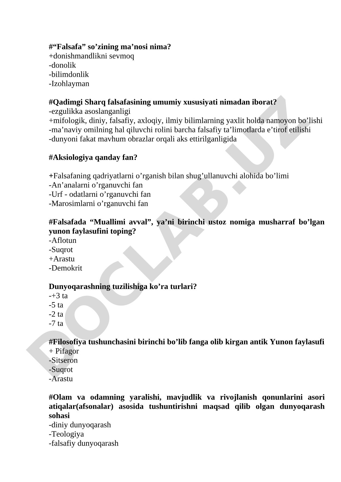 Falsafa fanidan test savollari