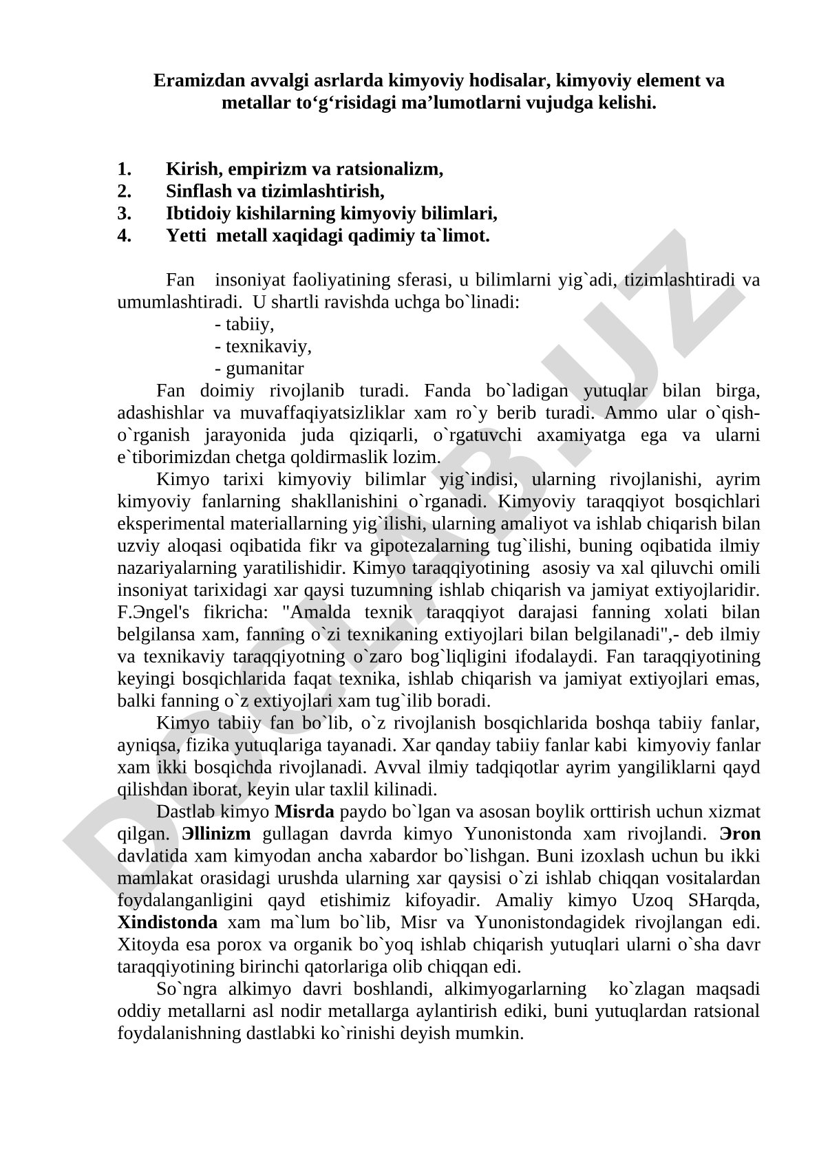 Kimyoviy hodisalar, kimyoviy element va metallar to‘g‘risidagi ma’lumotlarni vujudga kelishi
