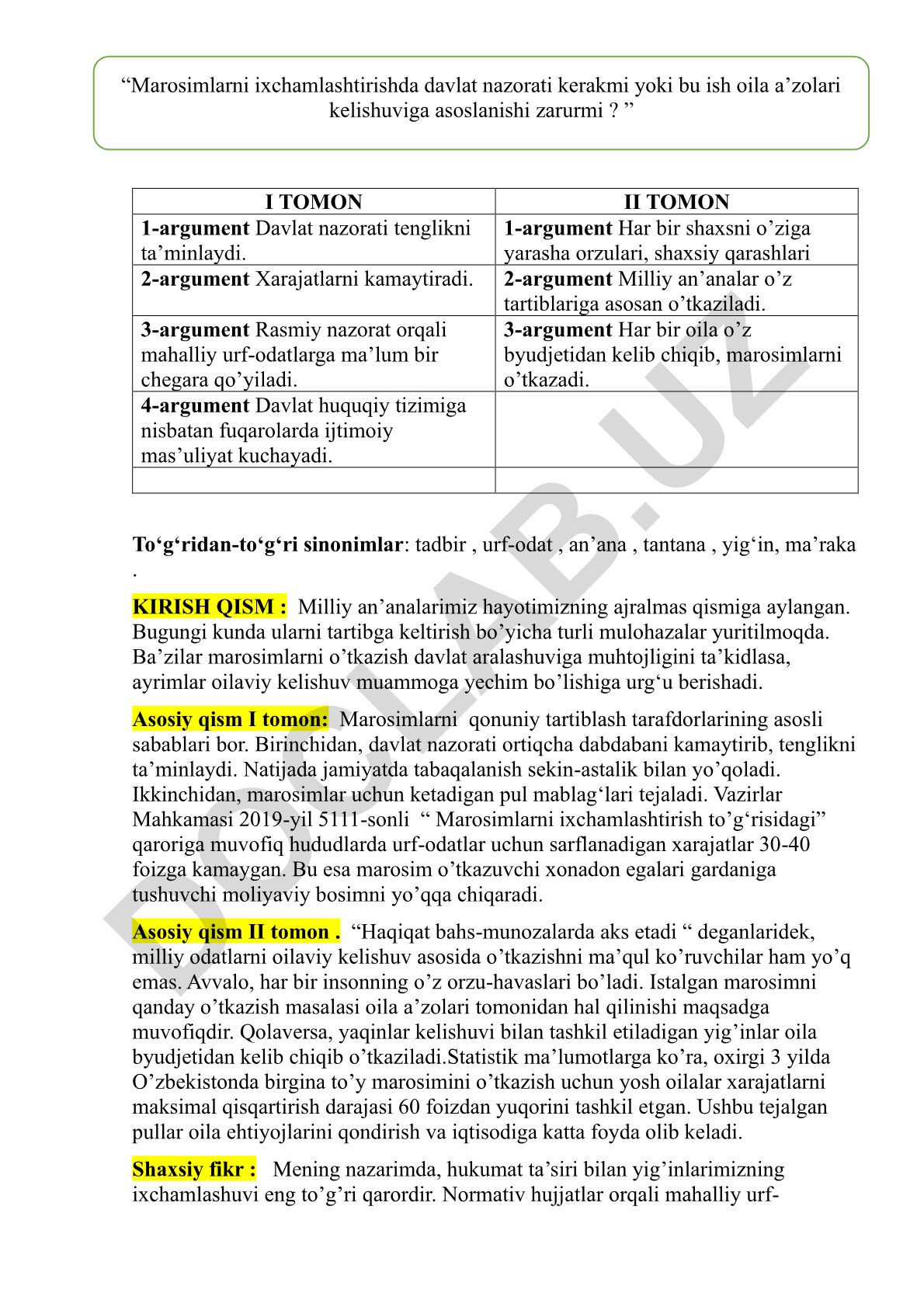 Marosimlarni davlat tartibga solishi va oilaviy kelishuvlar
