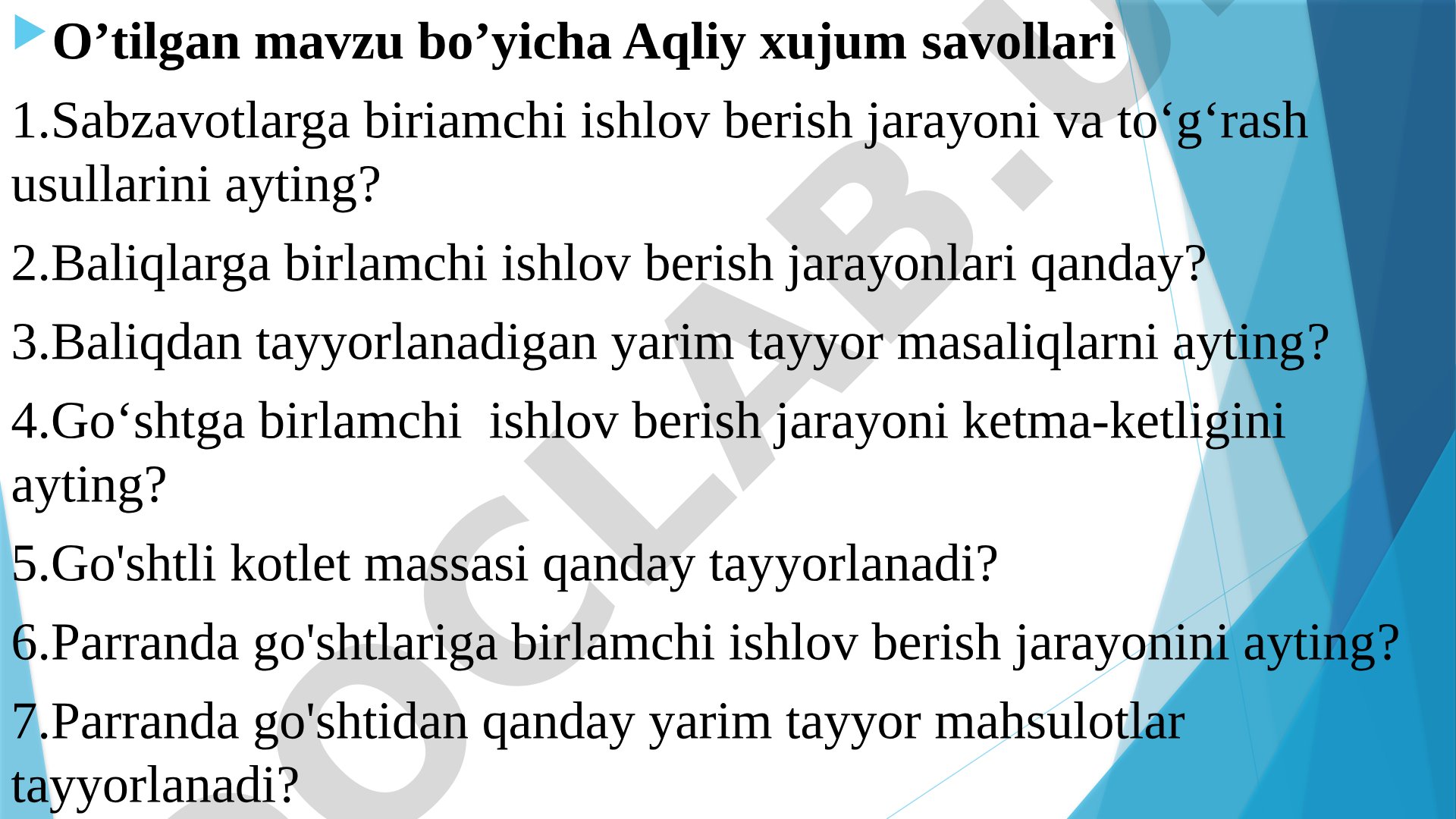Oziq-ovqat mahsulotlari turlari, tarkibi, sifatini aniqlash usullari va oziqaviy qiymati