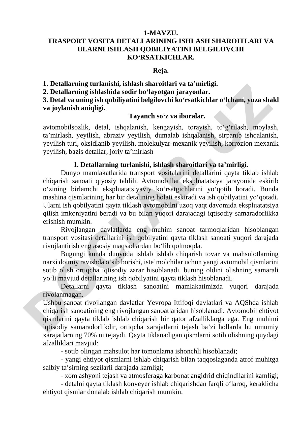 TRASPORT VOSITA DETALLARINING ISHLASH SHAROITLARI VA ULARNI ISHLASH QOBILIYATINI BELGILOVCHI KO‘RSATKICHLAR