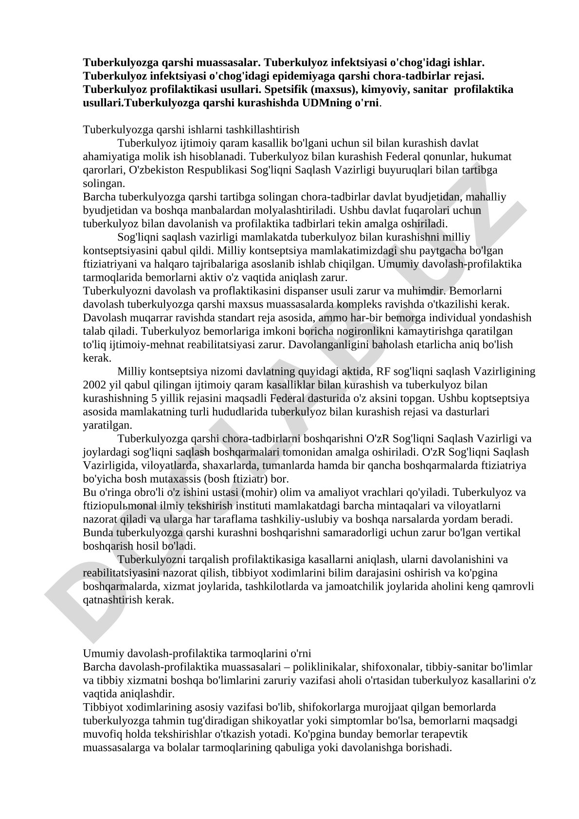 Tuberkulyozga qarshi kurashish va profilaktika usullari