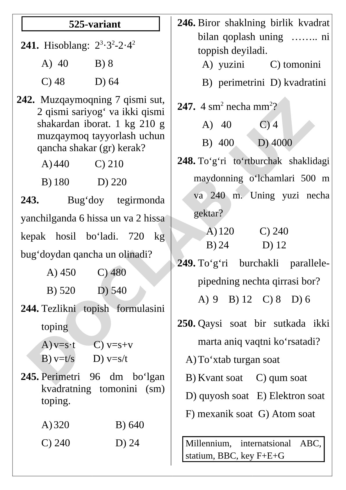 Matematika 525 va 526 variant testlari