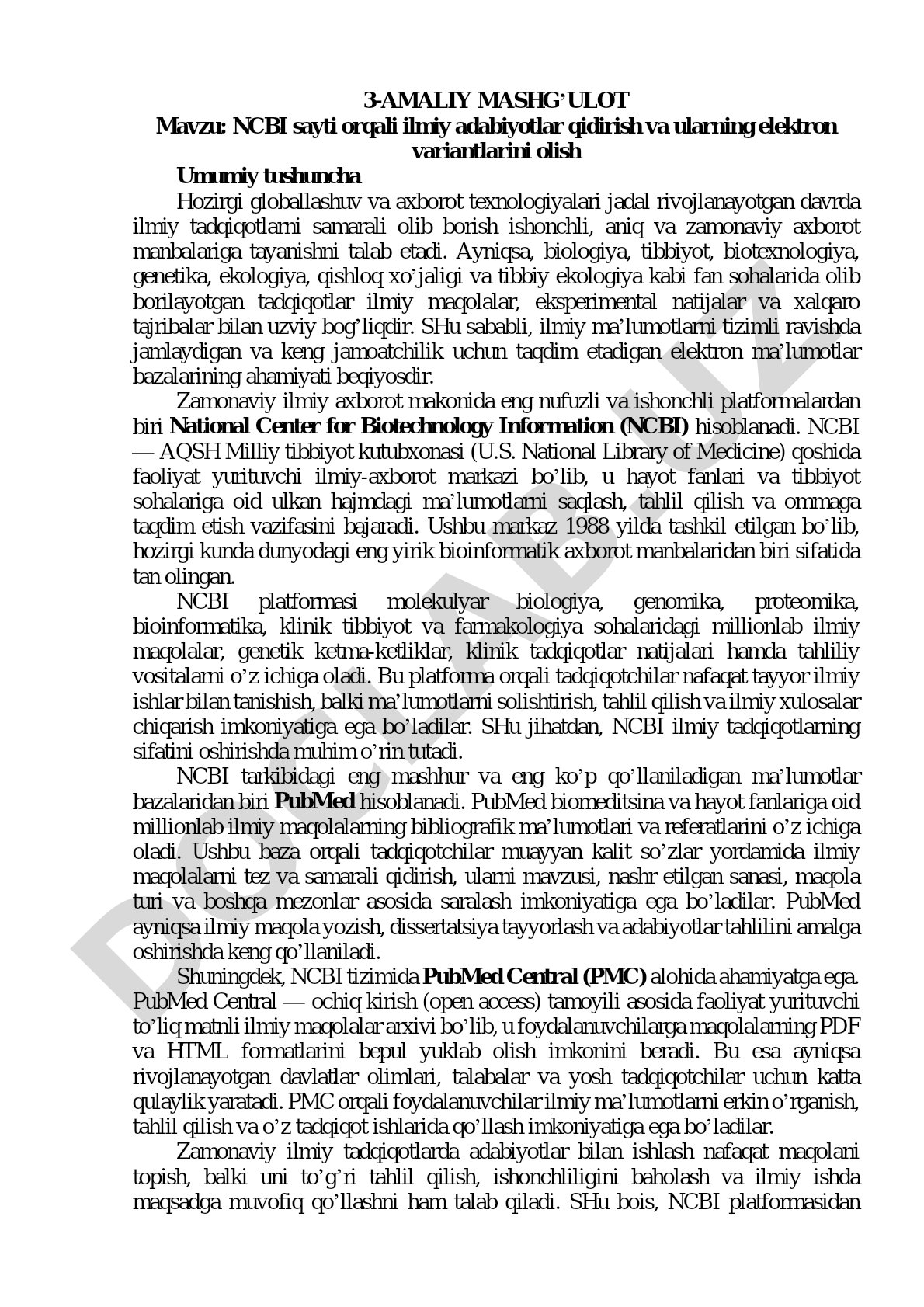 NCBI sayti orqali ilmiy adabiyotlar qidirish va ularning elektron variantlarini olish