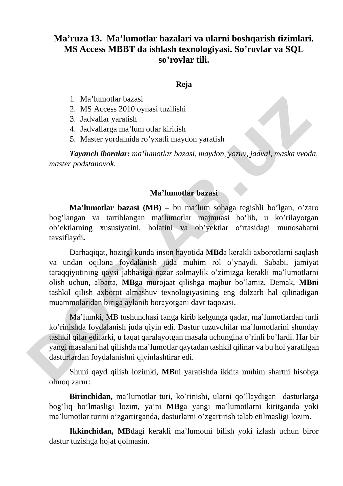 Ma’lumotlar bazalari va ularni boshqarish tizimlari