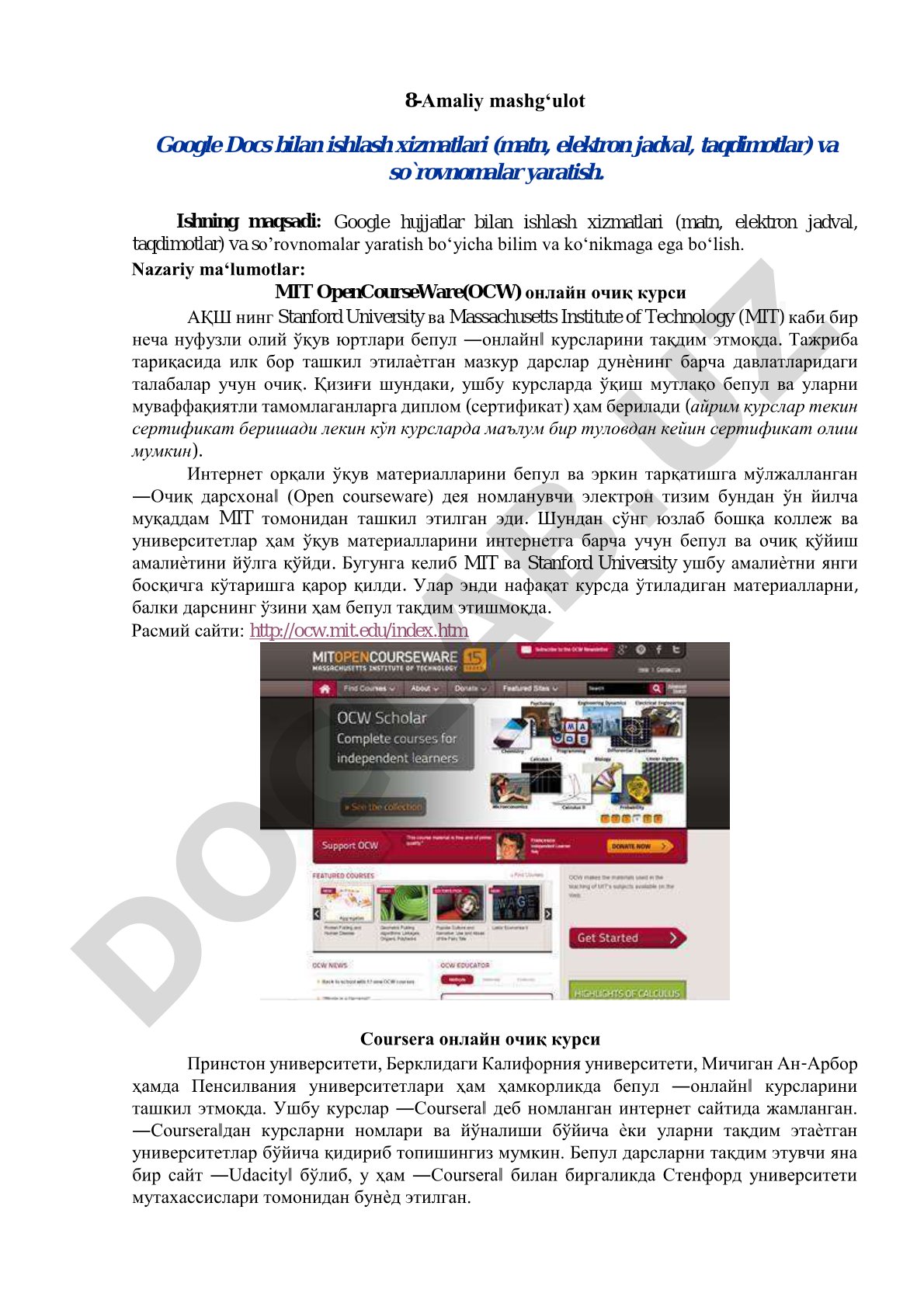 8-Amaliy mashg‘ulot Google Docs bilan ishlash xizmatlari (matn, elektron jadval, taqdimotlar) va so`