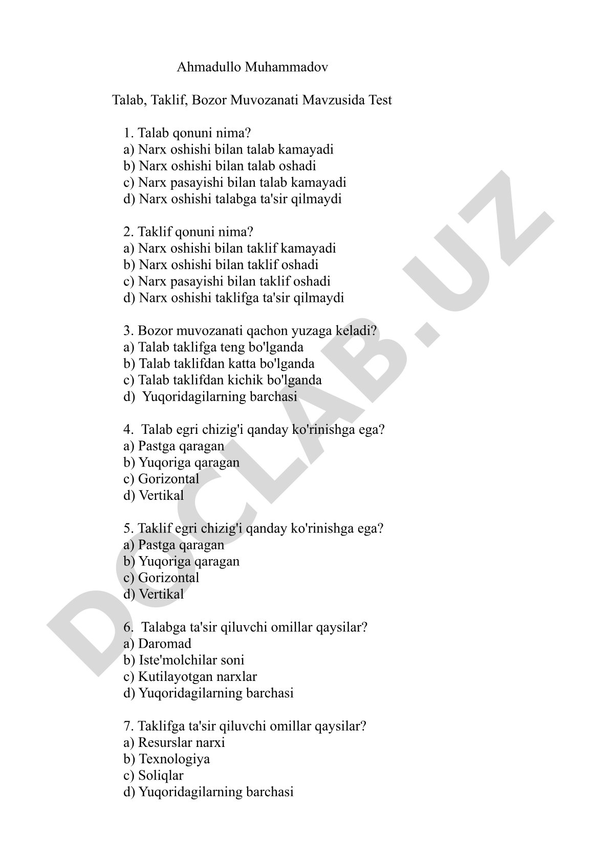 Talab, Taklif, Bozor Muvozanati