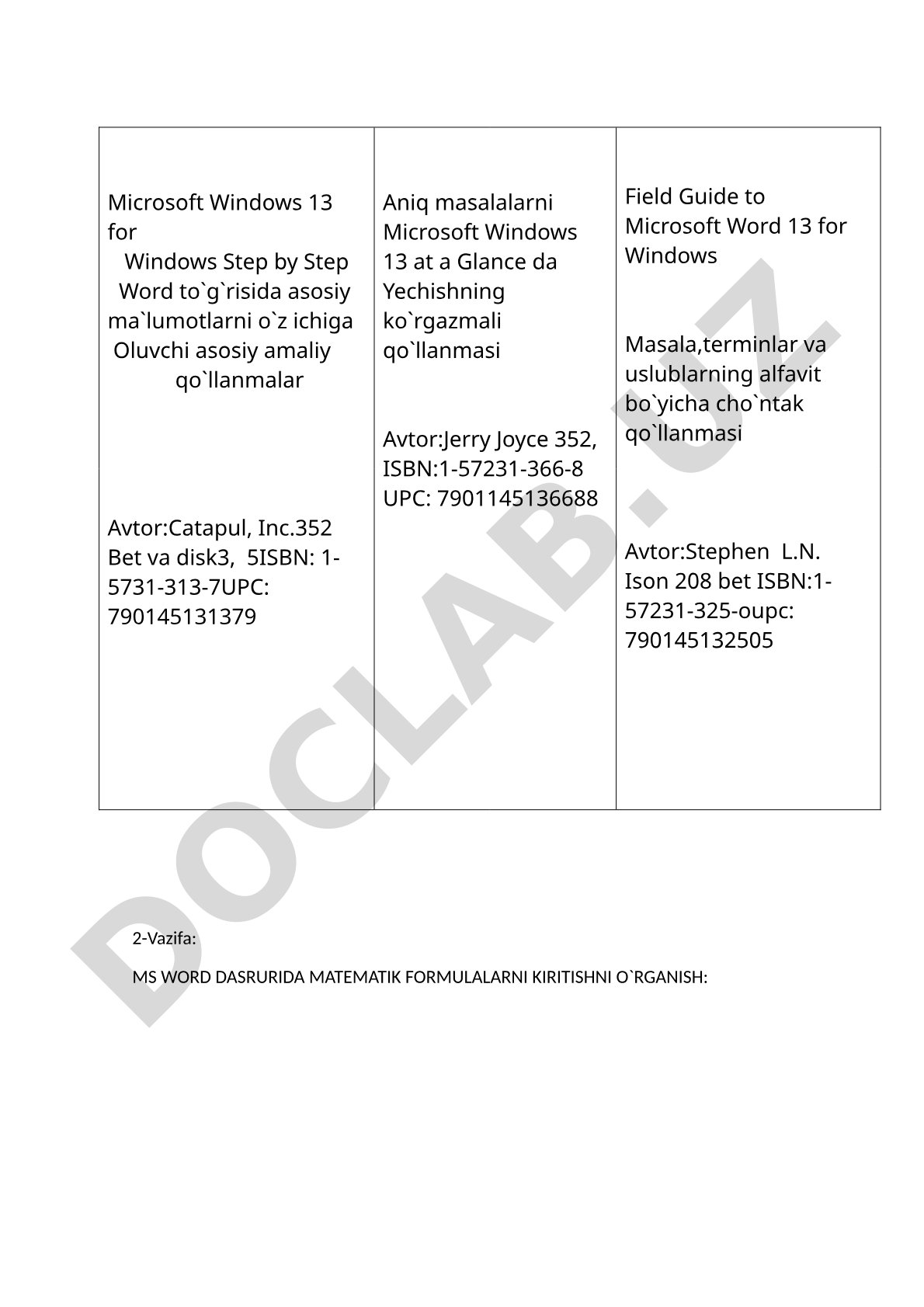 MS Word dasrurida matematik formulalarni kiritishni o'rganish