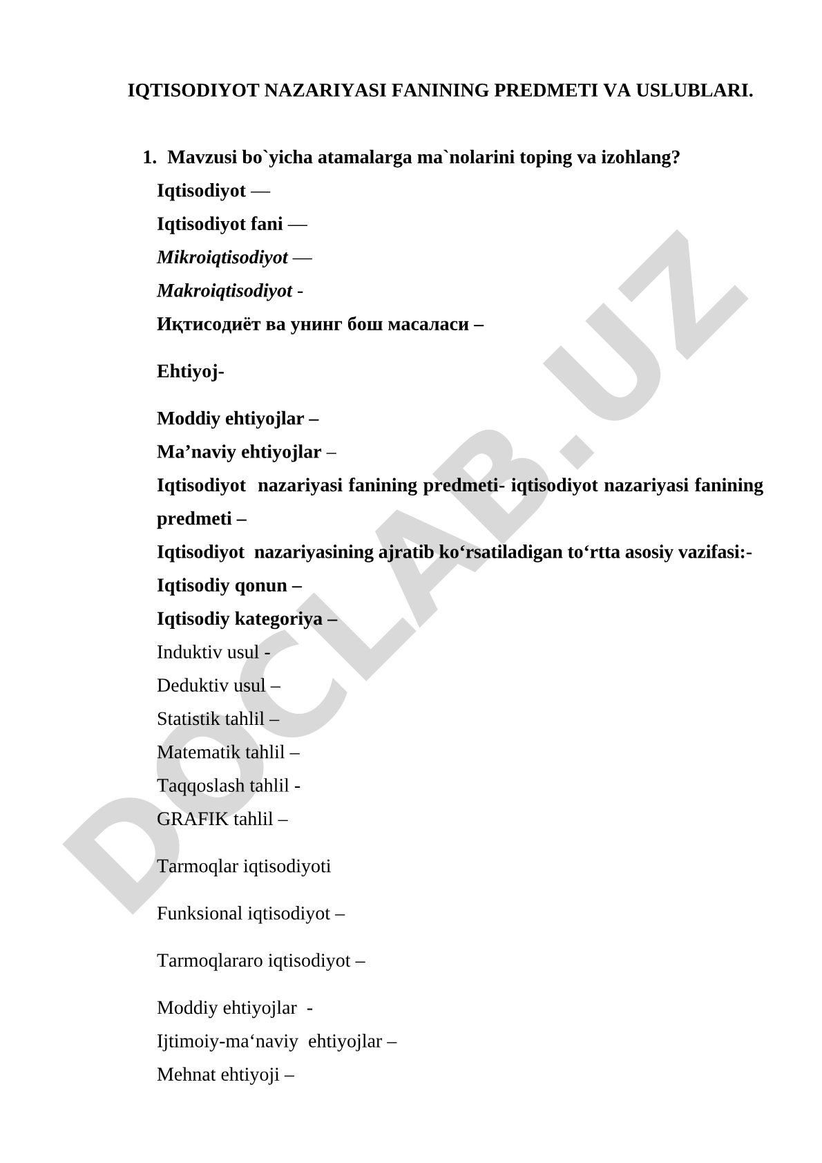 Iqtisodiyot nazariyasi fanining predmeti va uslublari