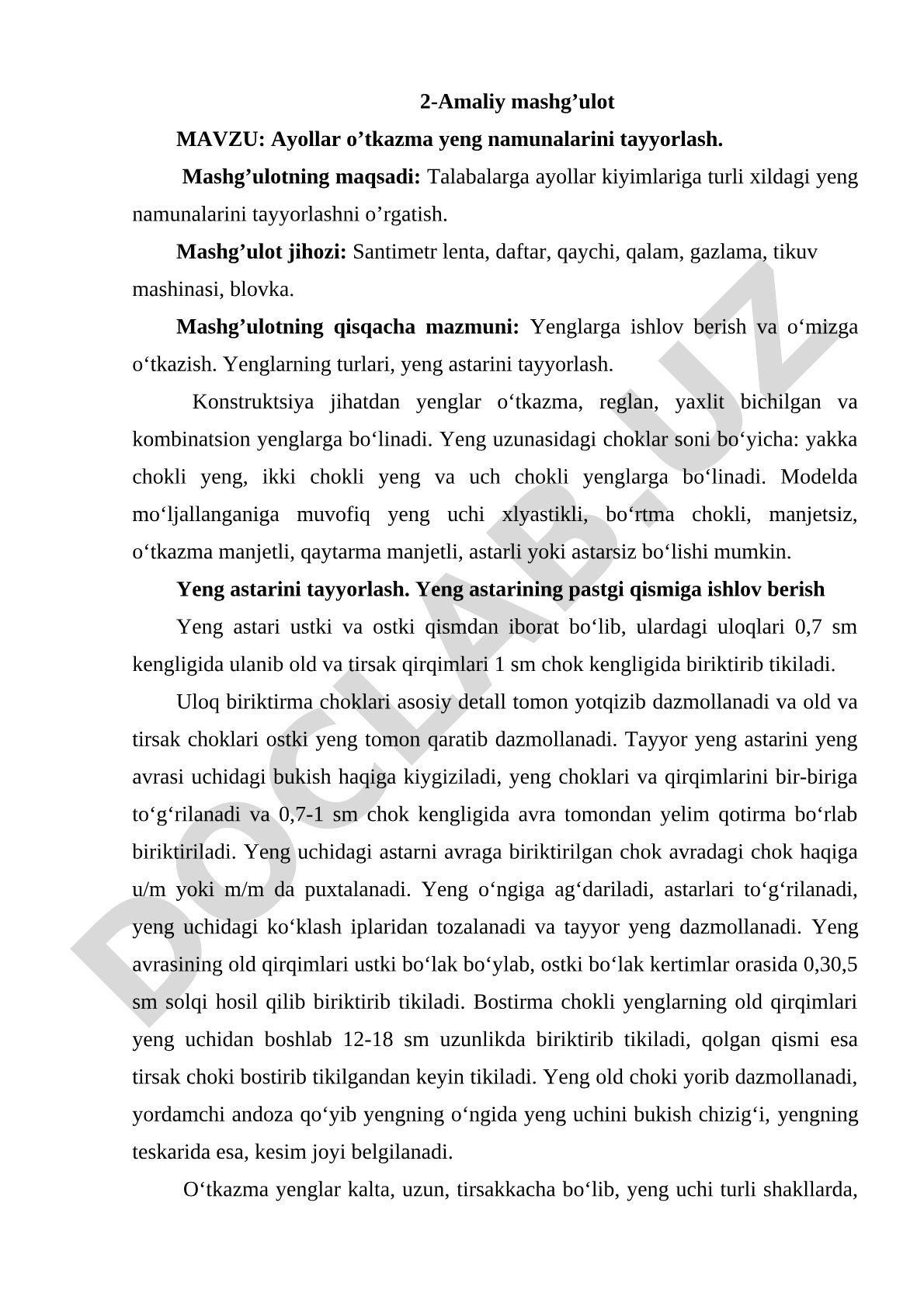 Ayollar o’tkazma yeng namunalarini tayyorlash