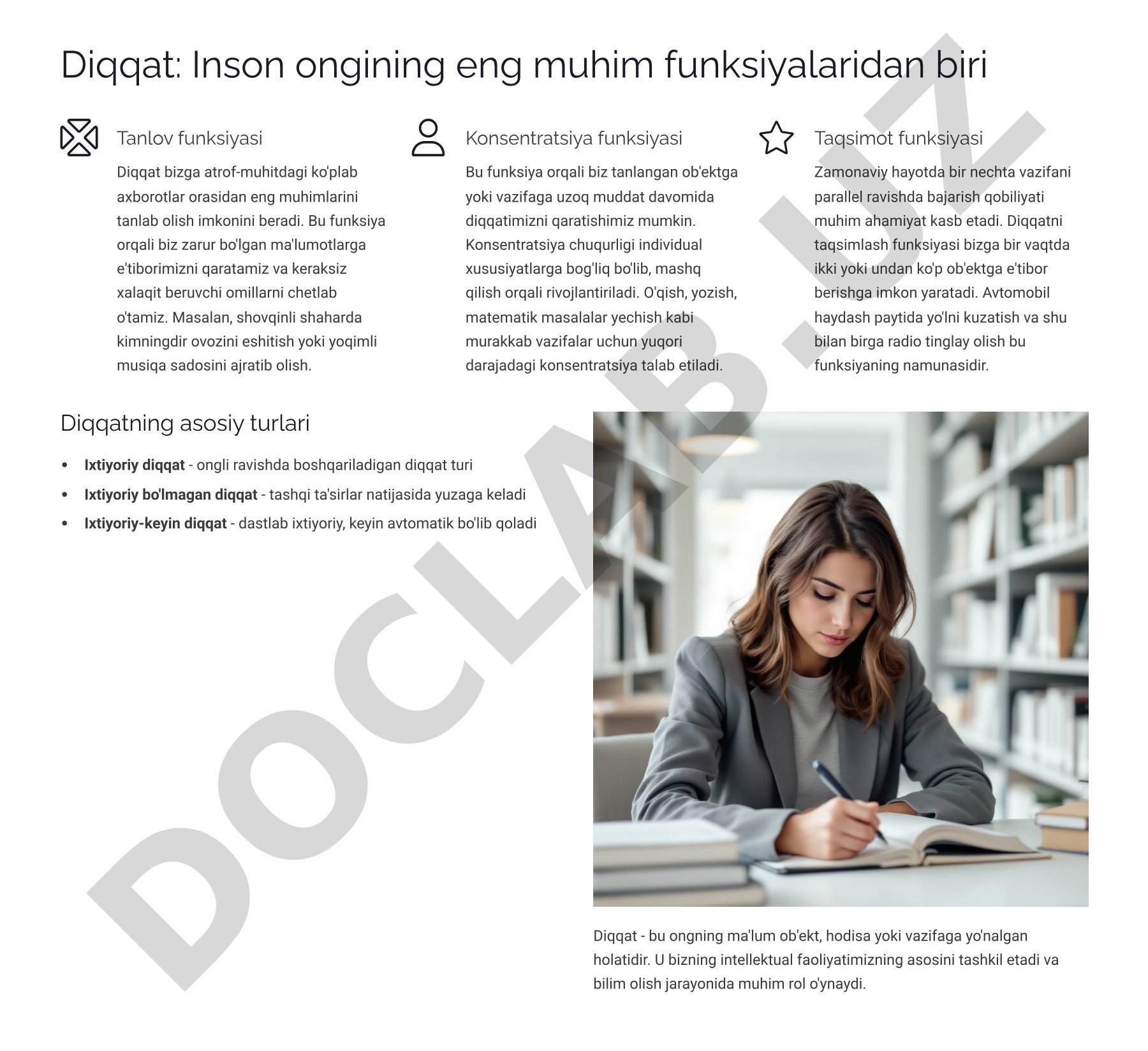 Diqqatning asosiy funksiyalari va turlari