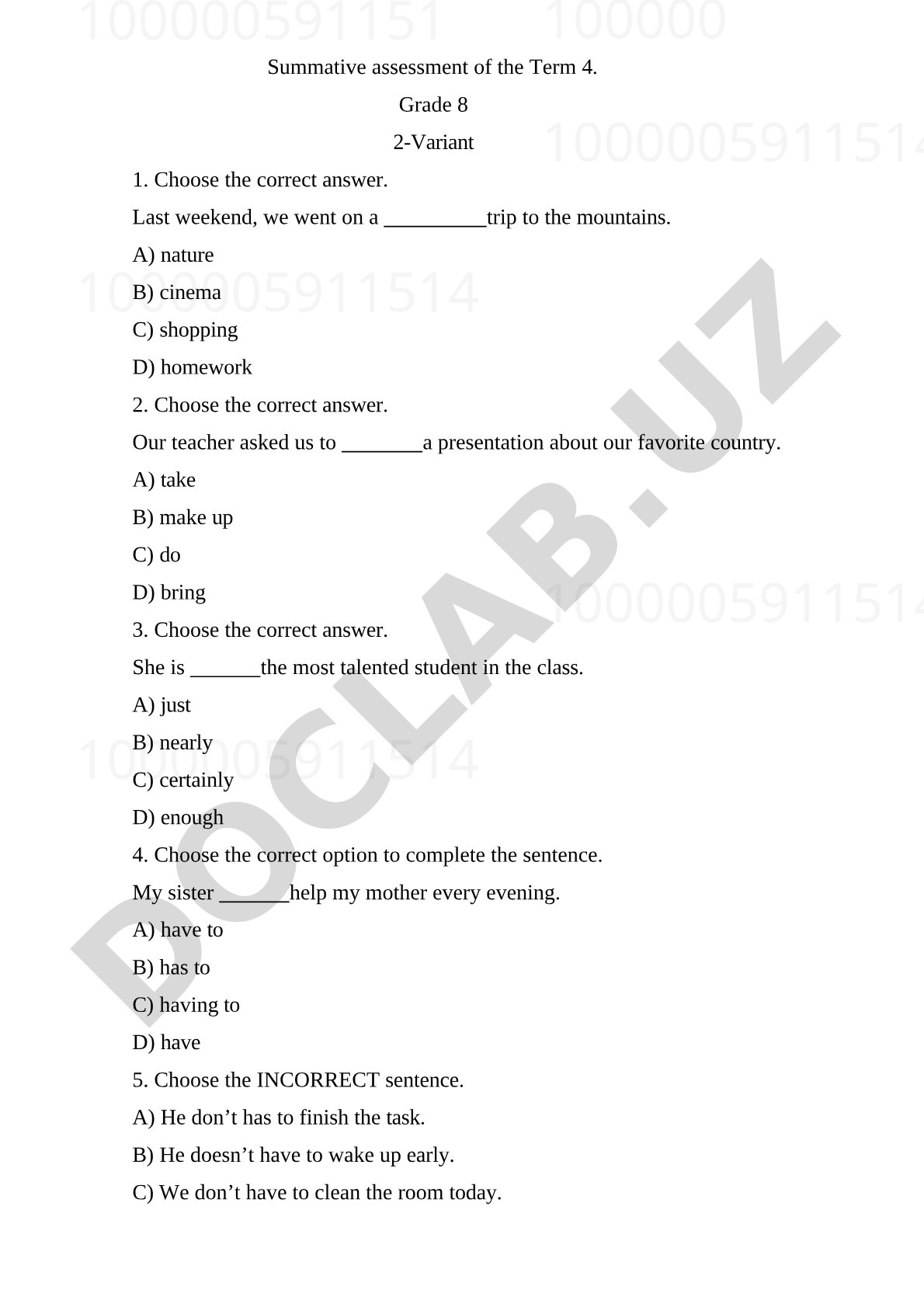 Grade 8 Summative Assessment Term 4 Variant 2