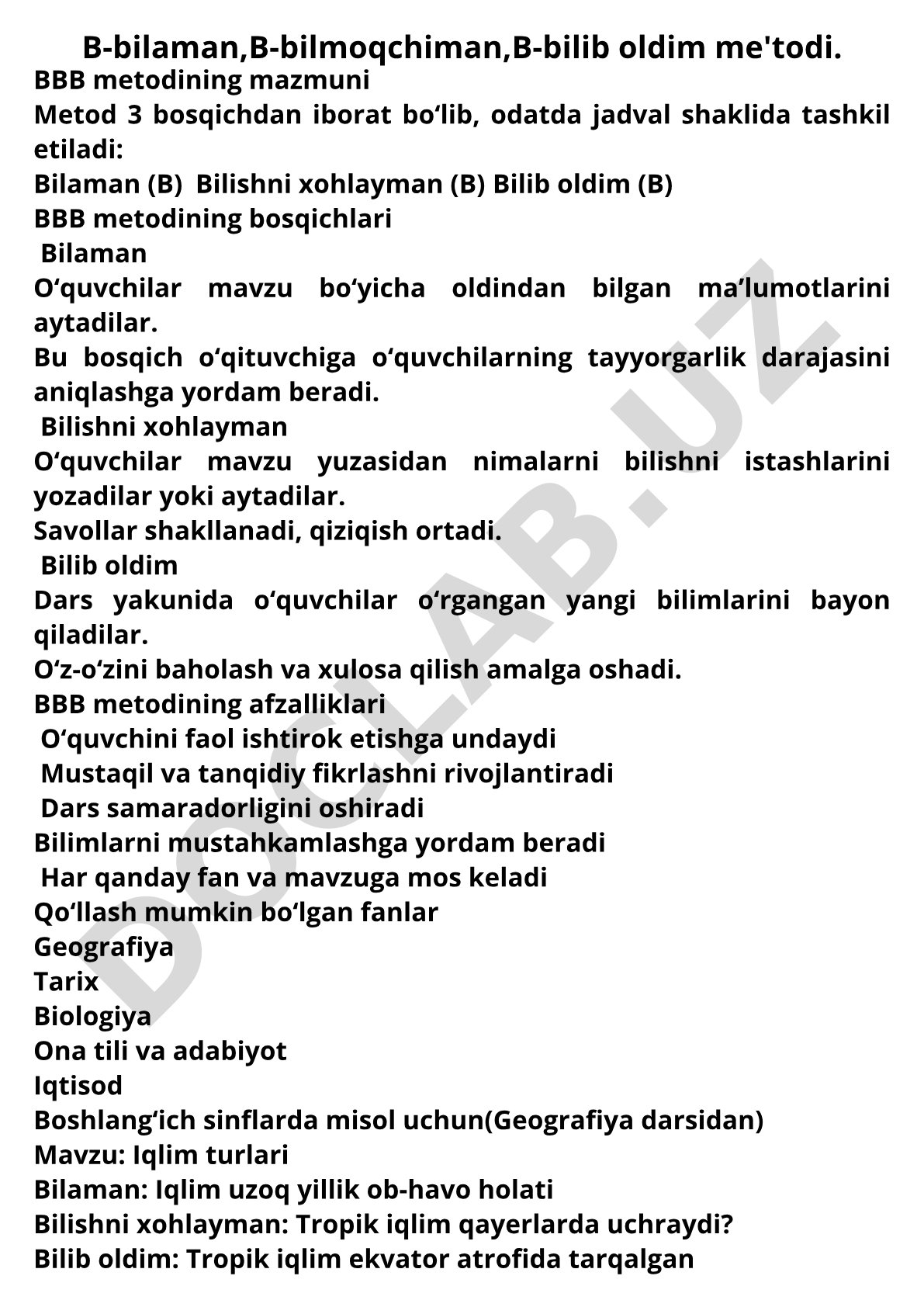 B-bilaman, B-bilmoqchiman, B-bilib oldim metodi