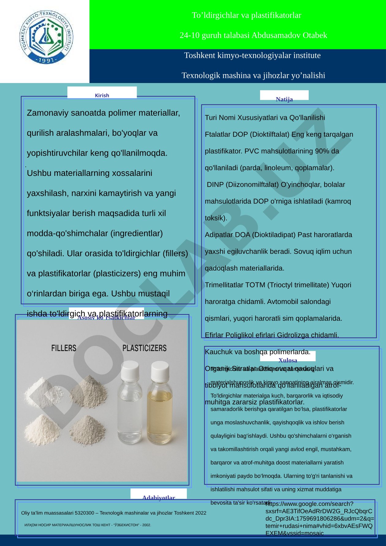 To'ldirgichlar va plastifikatorlar turlari, xususiyatlari haqida