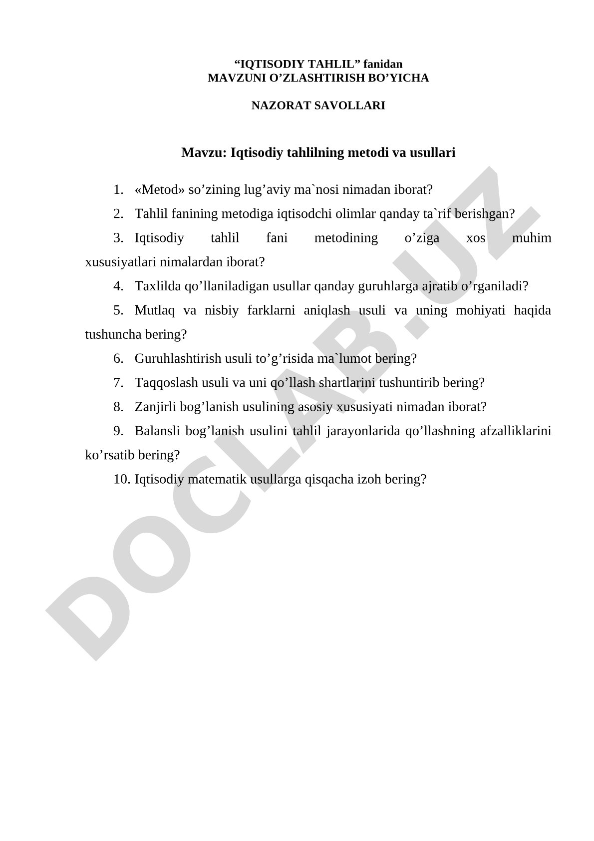 Iqtisodiy tahlilning metodi va usullari