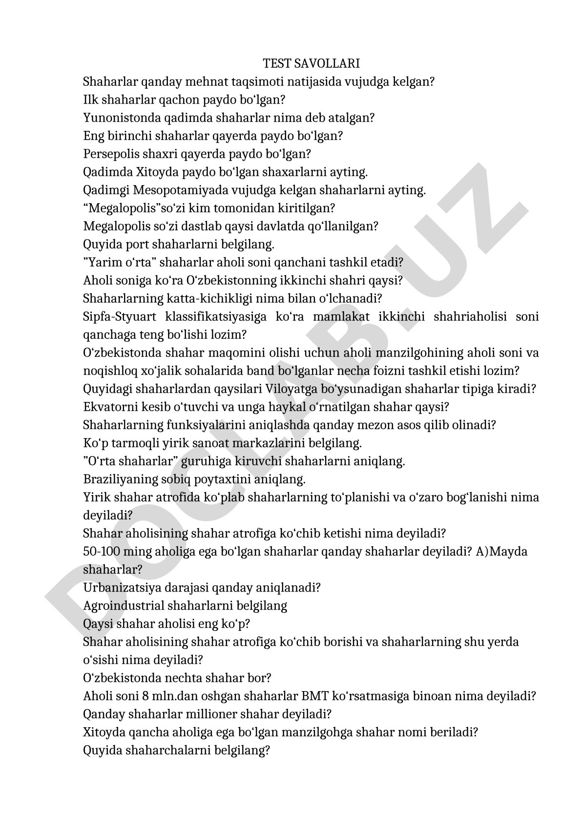 Shaharlar tarixi va geografiyasi bo'yicha test savollari