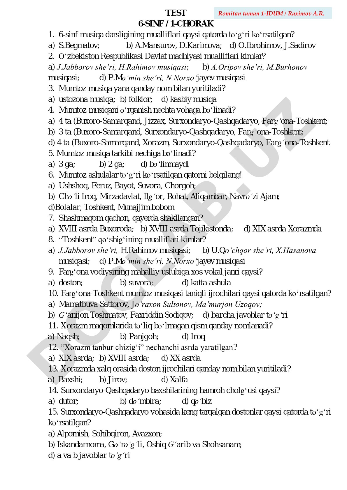 6-sinf musiqa fanidan 1-chorak test savollari