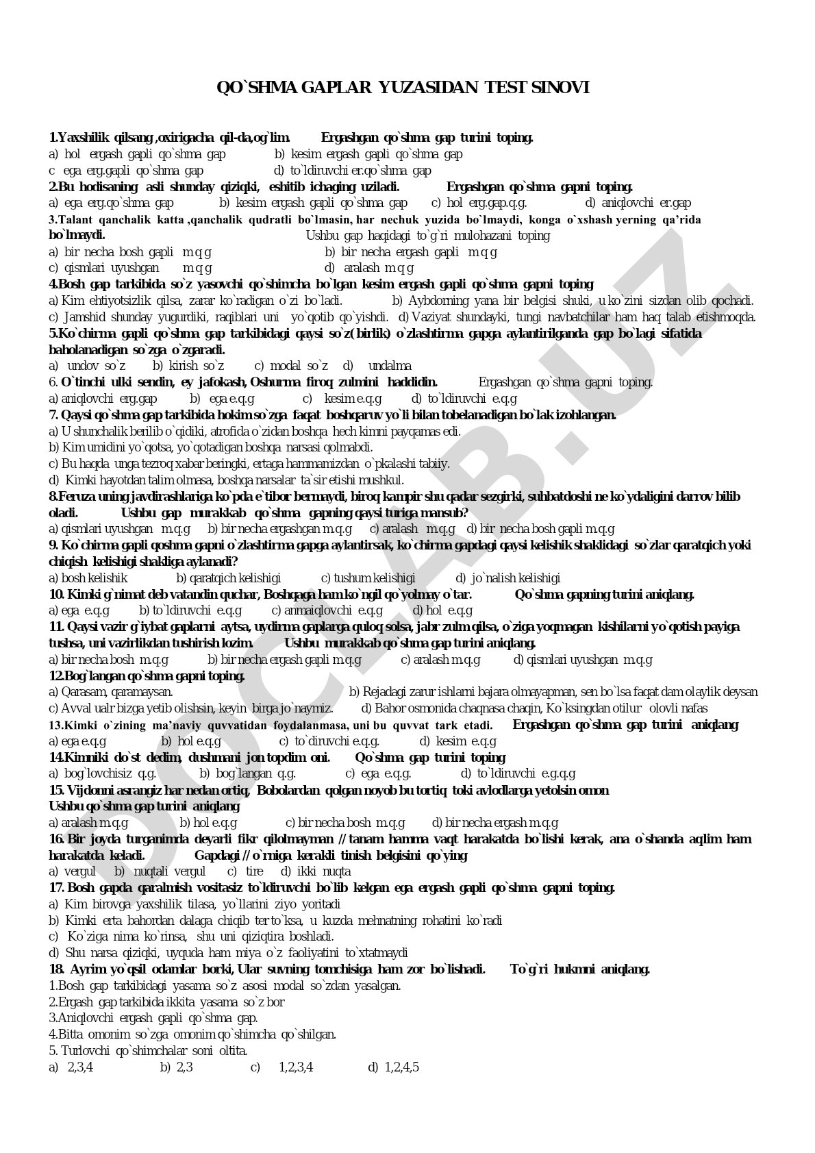 Qo`shma gaplar yuzasidan test sinovi