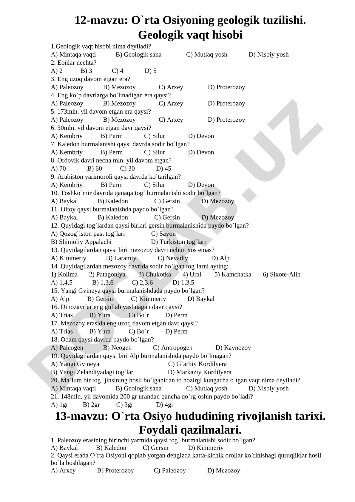 O`rta Osiyoning geologik tuzilishi. Geologik vaqt hisobi