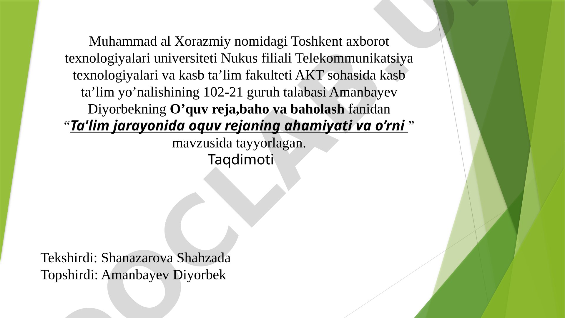 Ta'lim jarayonida oquv rejaning ahamiyati va o'rni
