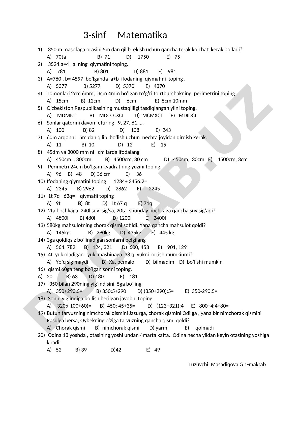3-sinf matematika test savollari to'plami
