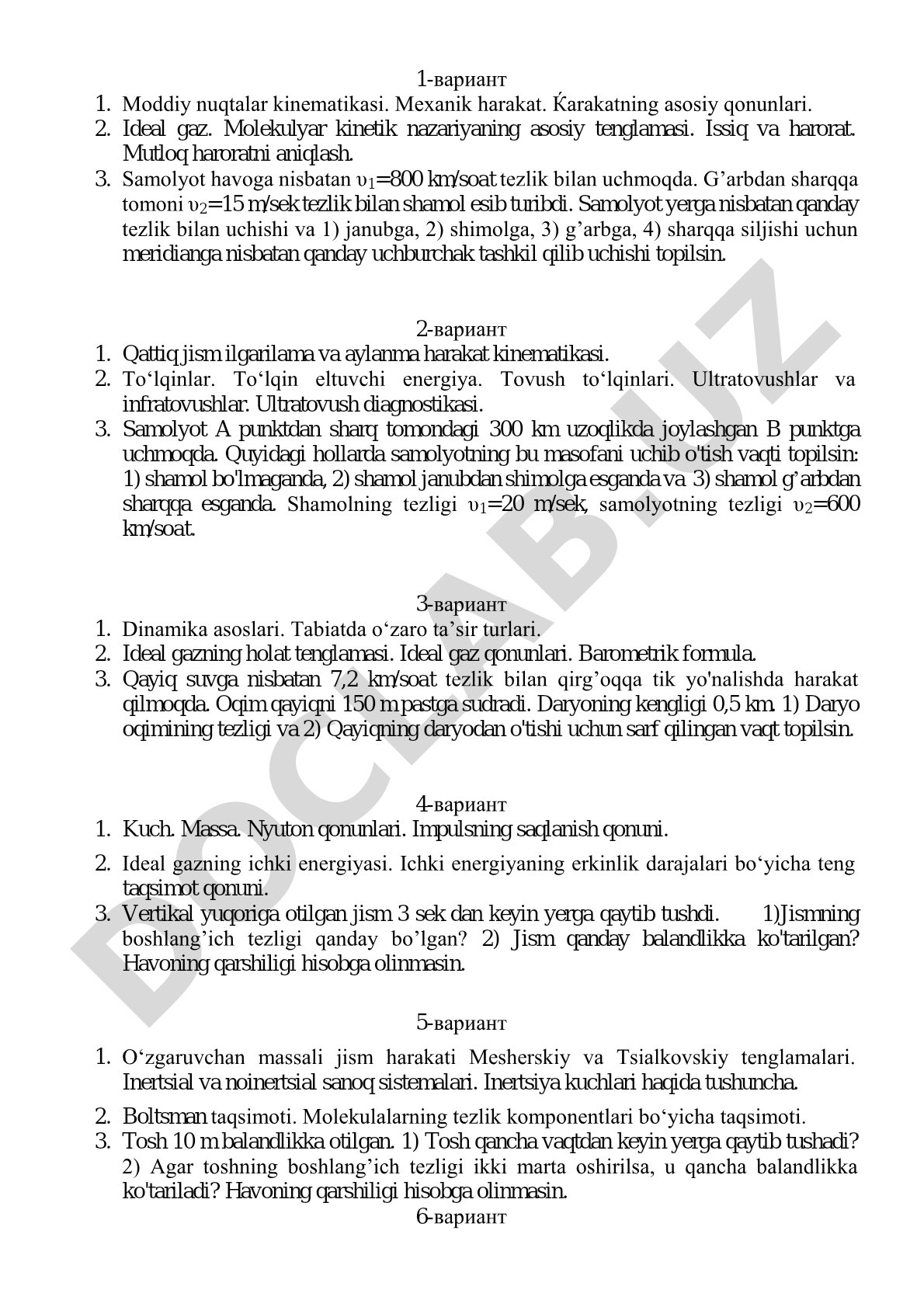Mexanika va molekulyar fizika bo'yicha test variantlari
