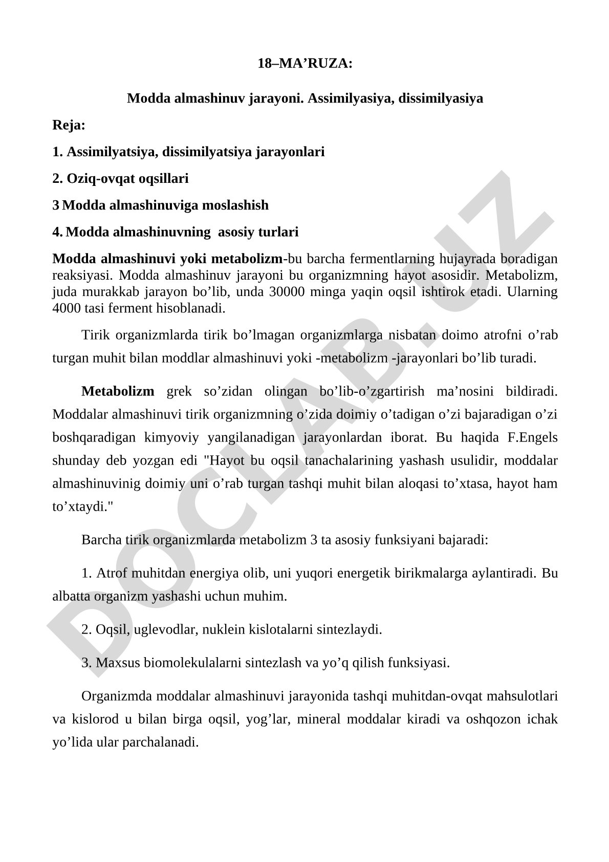 Modda almashinuv jarayoni. Assimilyasiya, dissimilyasiya