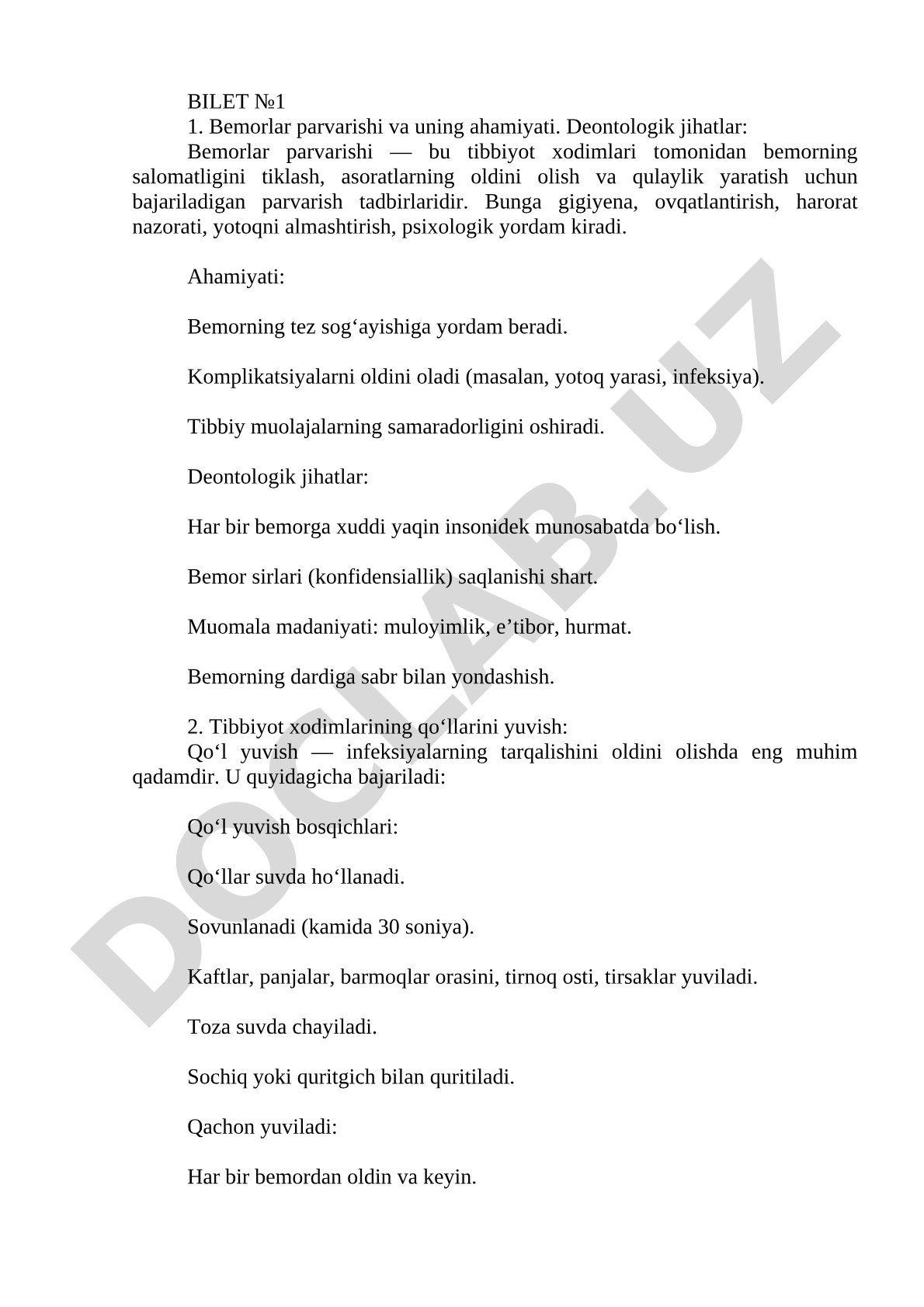 Bemorlar parvarishi va tibbiyot xodimlarining qo‘llarini yuvish