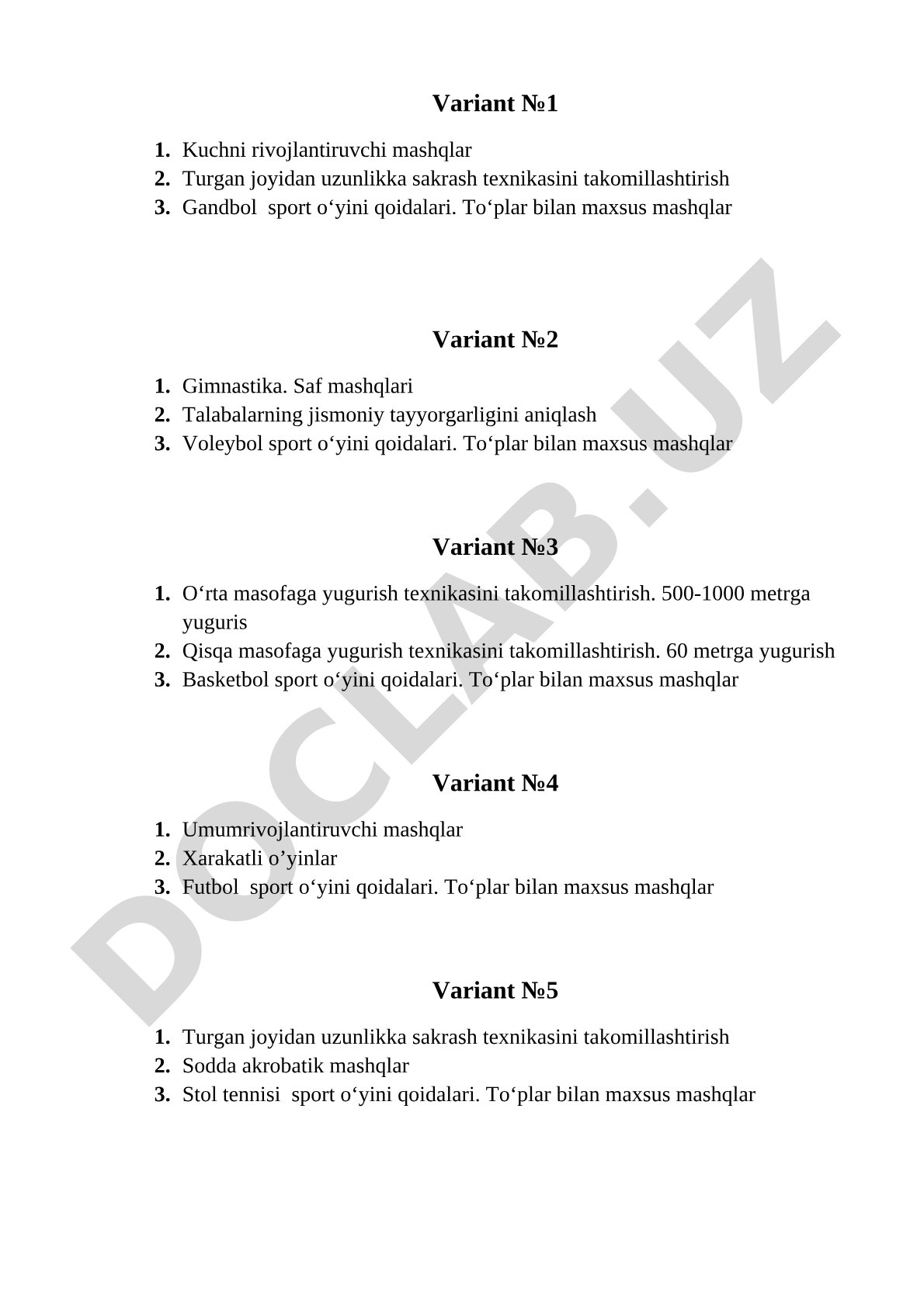 Jismoniy tarbiya fanidan variantlar