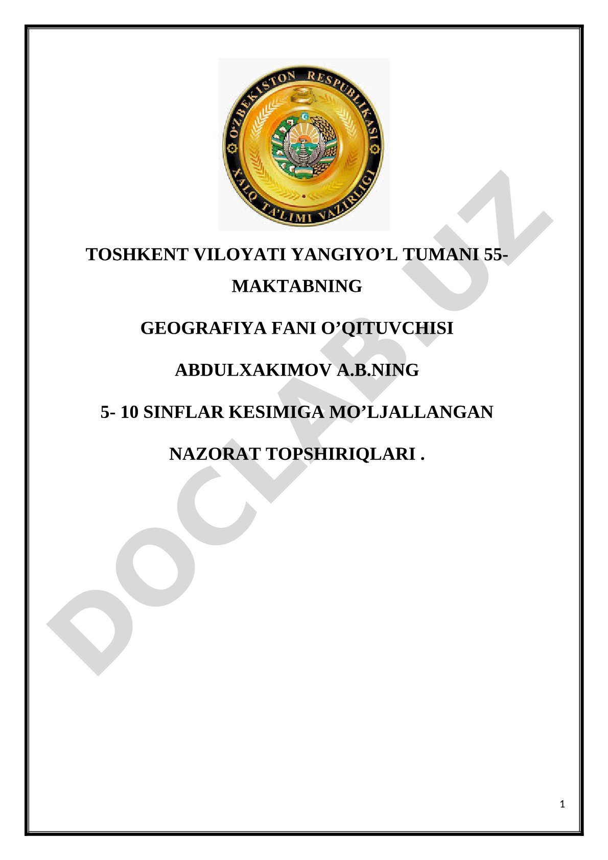 Geografiya fanidan 5-10 sinflar uchun nazorat topshiriqlari