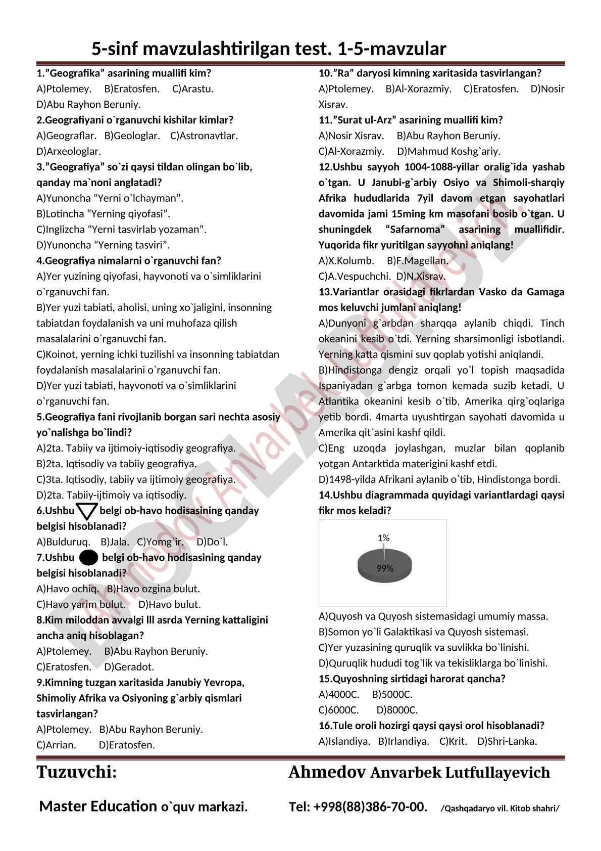 Geografiya fanidan test savollari