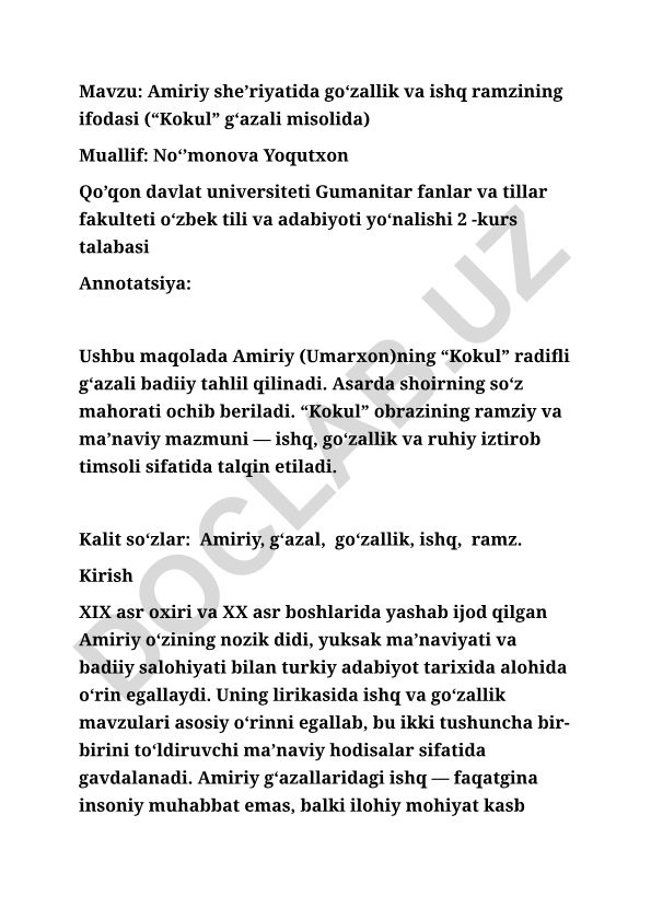 Amiriy she’riyatida go‘zallik va ishq ramzining ifodasi (“Kokul” g‘azali misolida)