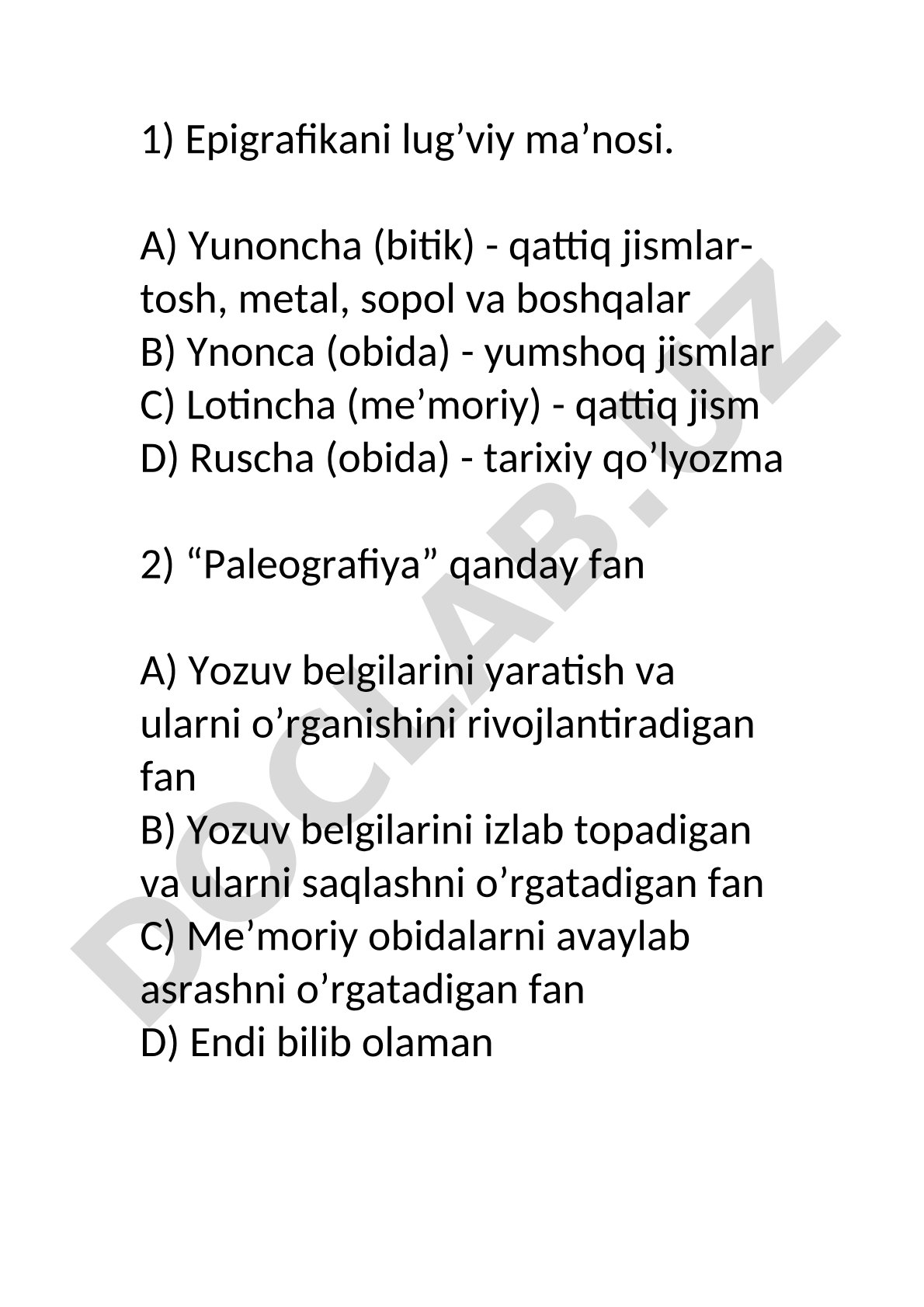 Epigrafika va paleografiya fanidan test savollari