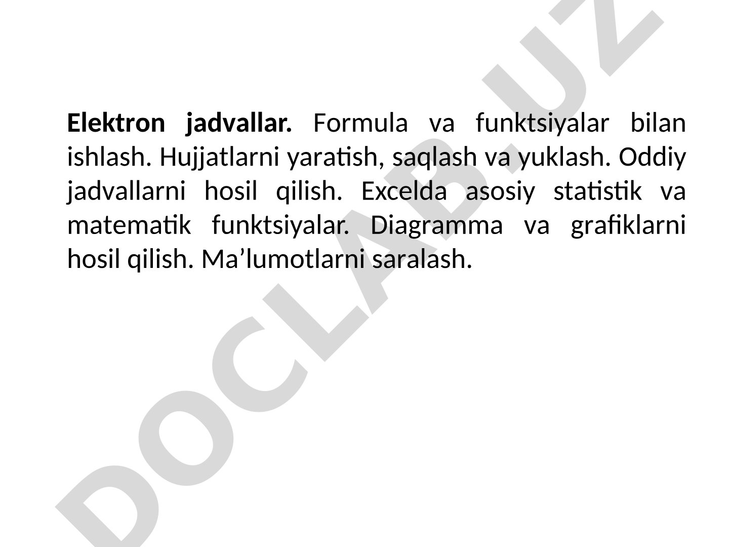 Elektron jadvallar. Formula va funktsiyalar bilan ishlash.