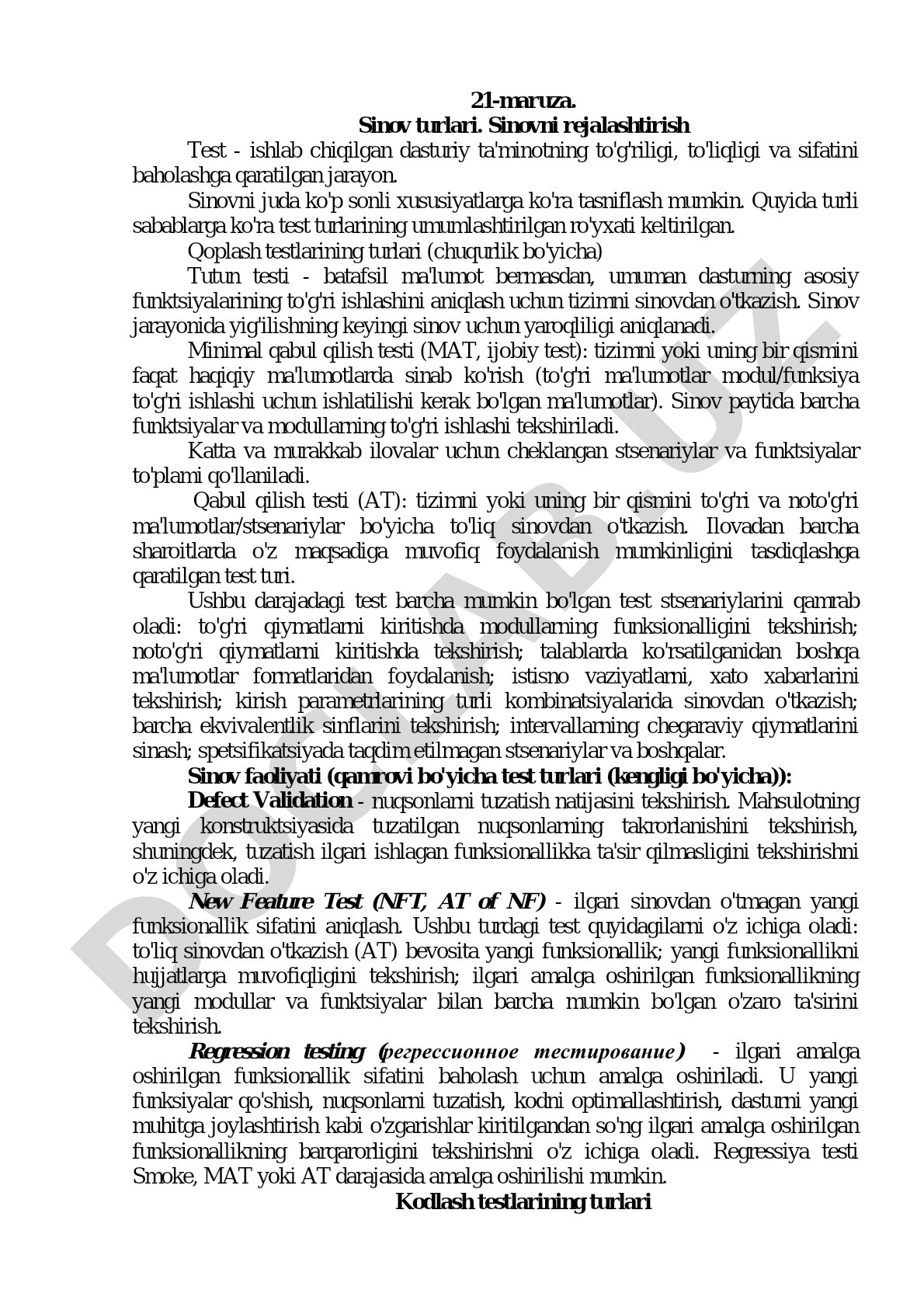 Sinov turlari va sinovni rejalashtirish