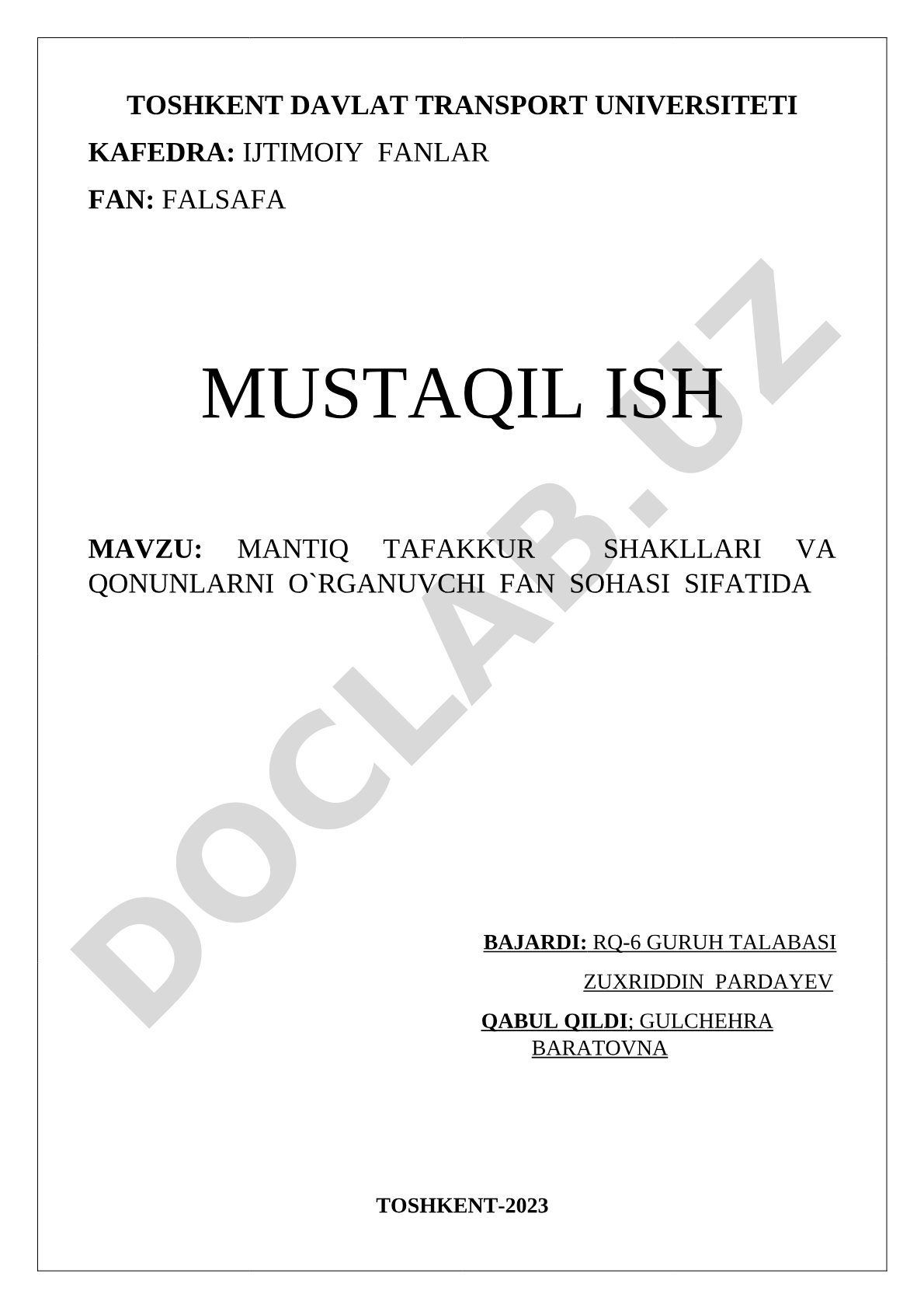 Mantiq tafakkur shakllari va qonunlarni o'rganuvchi fan sohasi sifatida