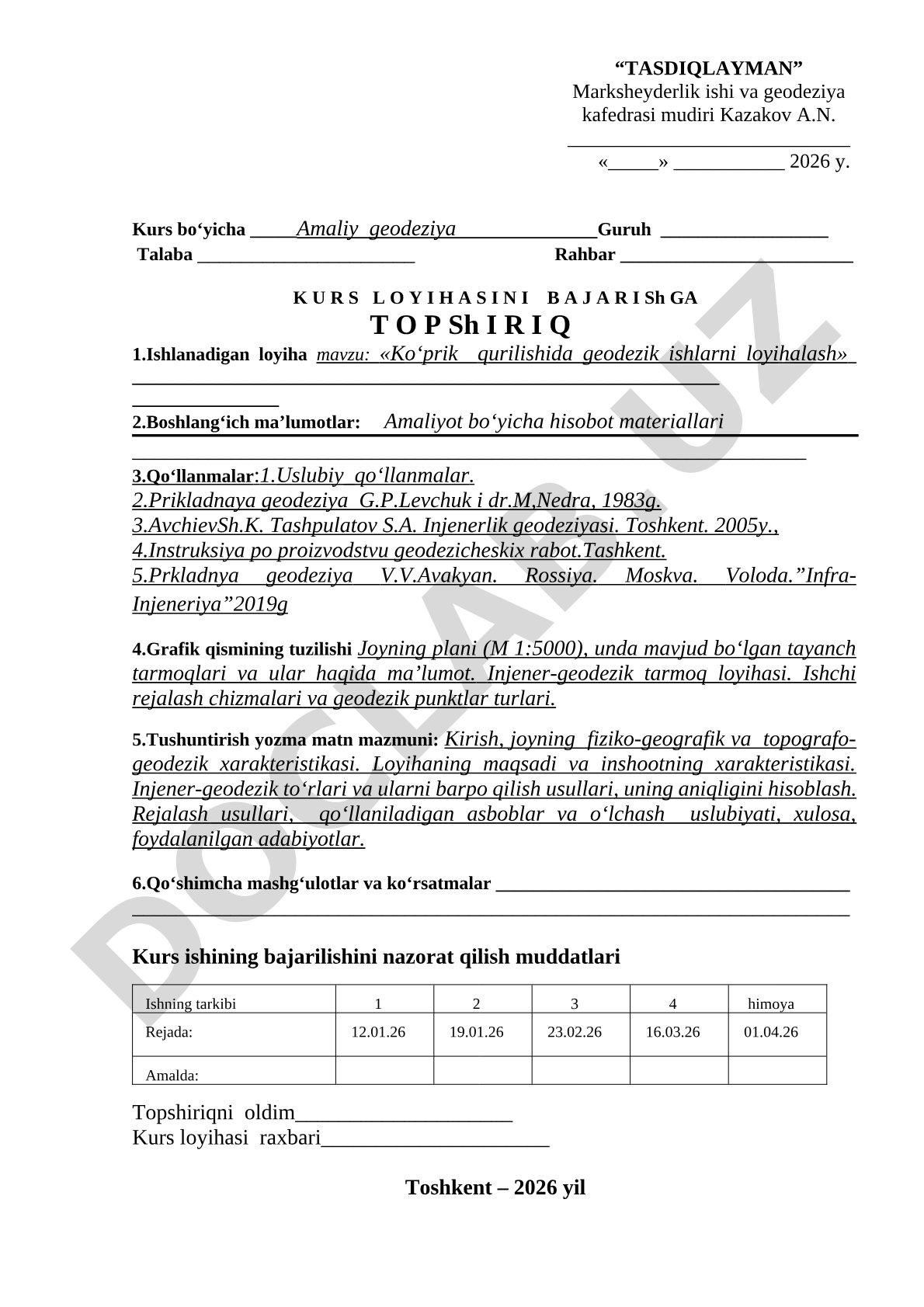Ko‘prik qurilishida geodezik ishlarni loyihalash