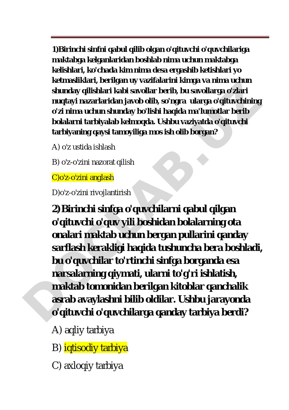 Tarbiya tamoyillari va turlari bo'yicha test savollari