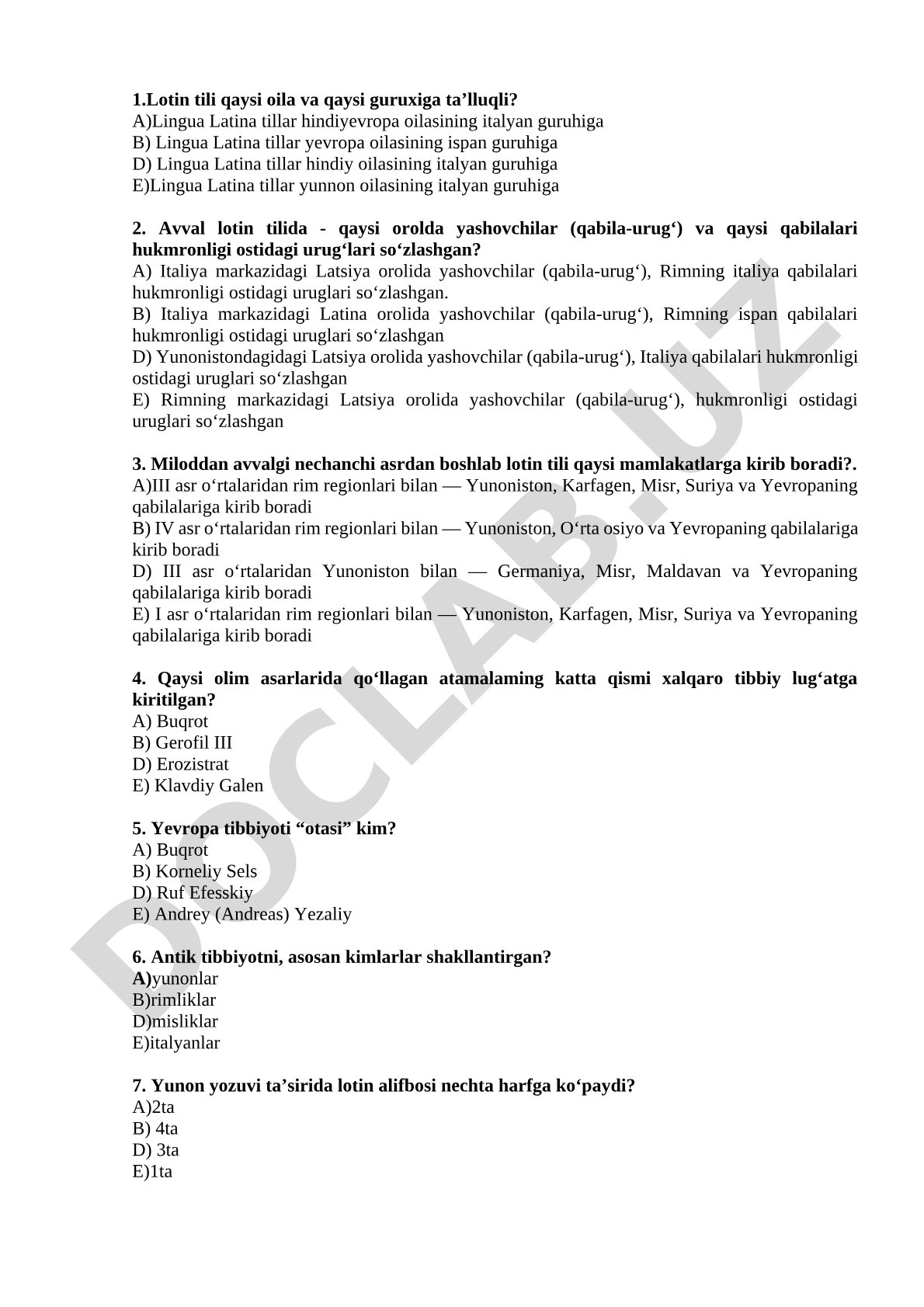 Lotin tili tarixiga oid test savollari