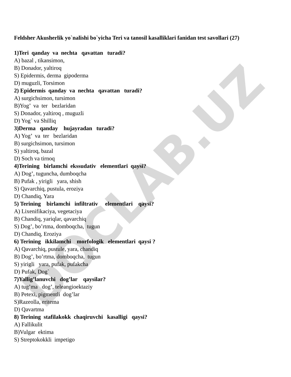 Teri va tanosil kasalliklari fanidan test savollari