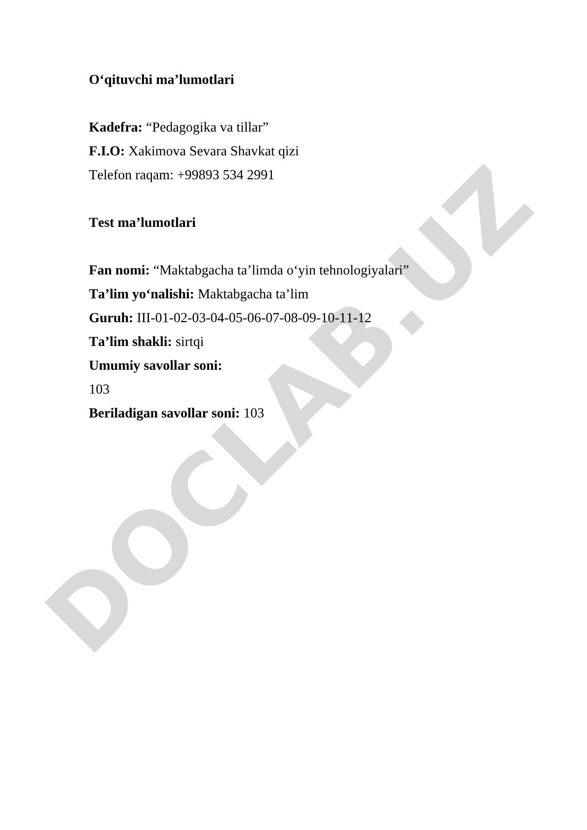 Maktabgacha ta'limda o'yin texnologiyalari test savollari