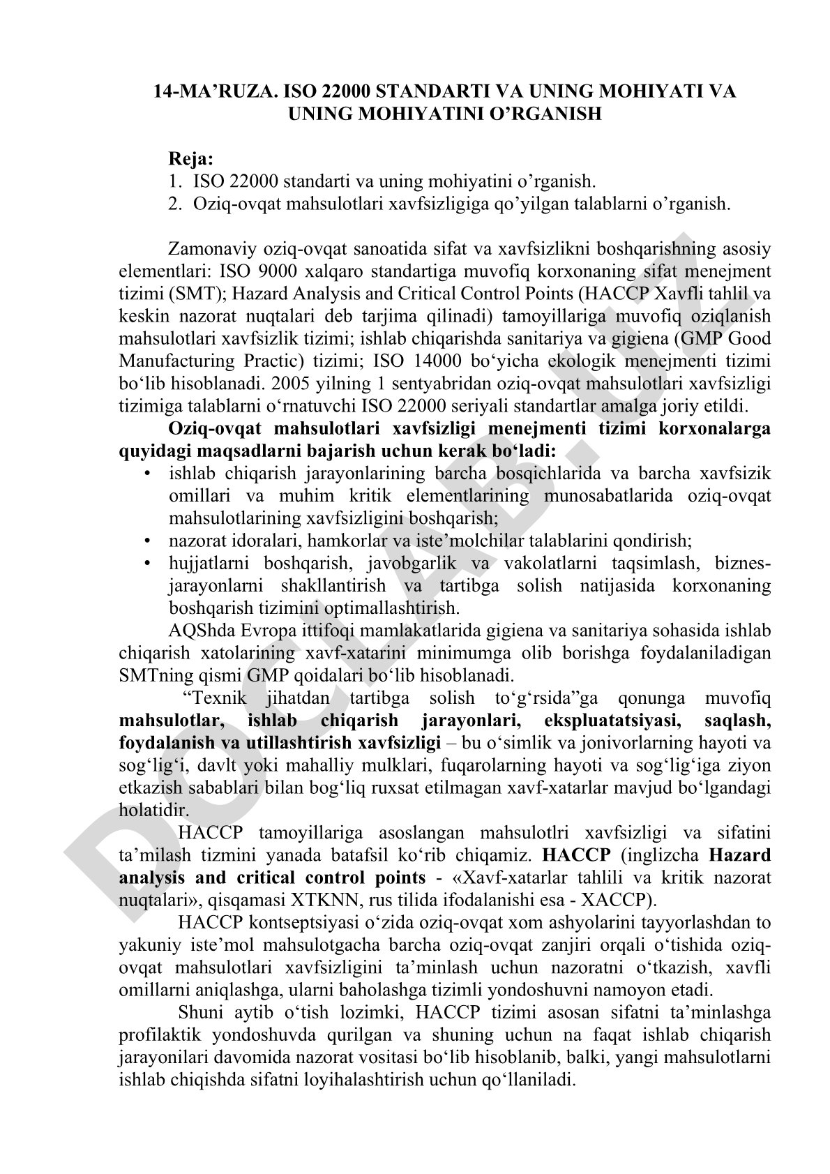 ISO 22000 standarti va uning mohiyatini o'rganish